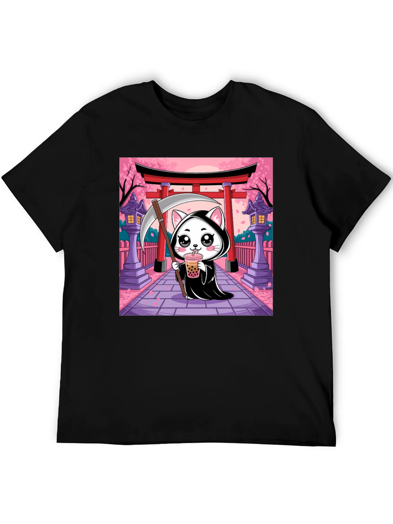Black Kawaii Grim Reaper Cat T-Shirt view 5