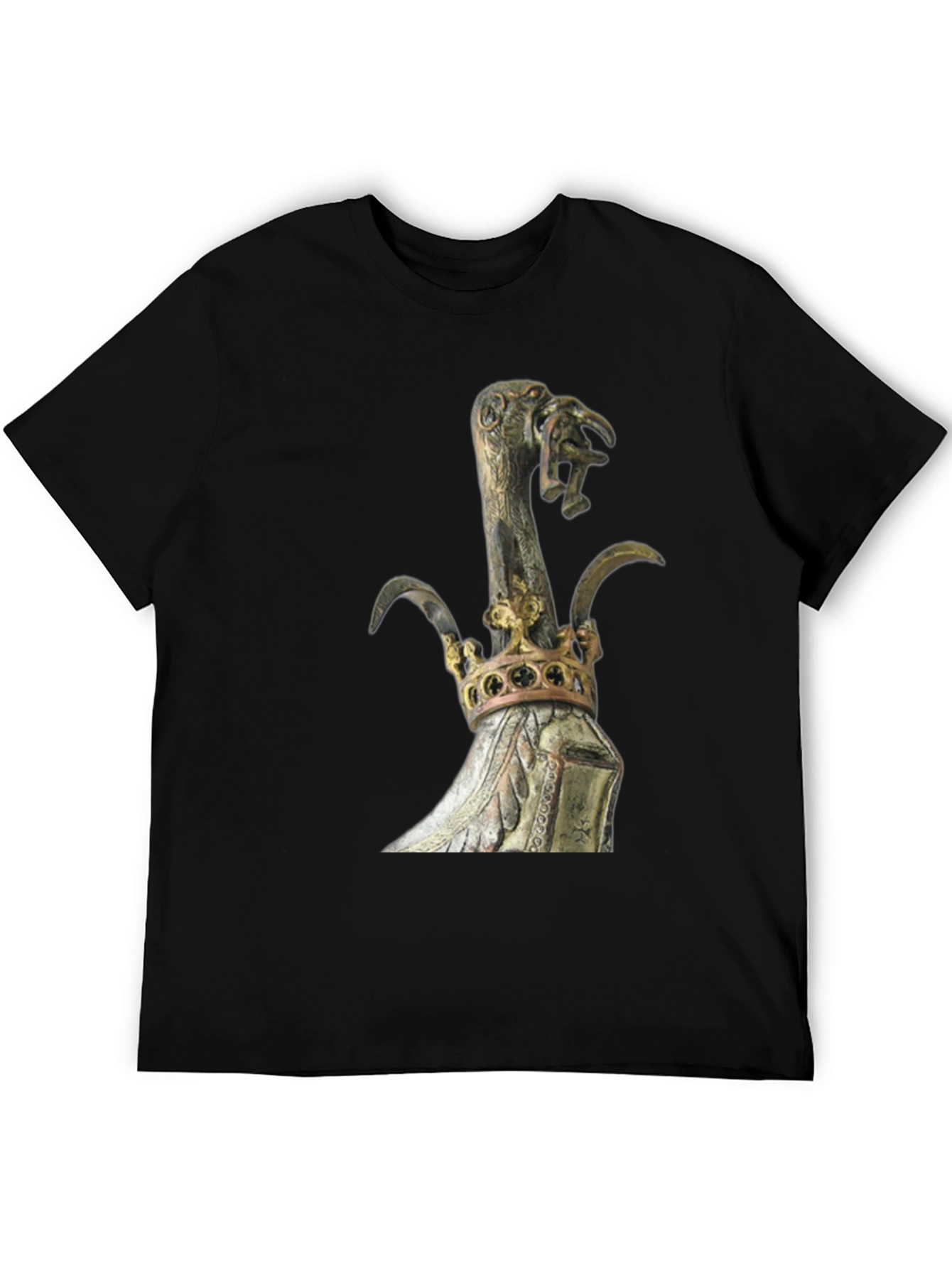 Black Black T-Shirt with Ornate Crown and Bird Scepter Design view 5