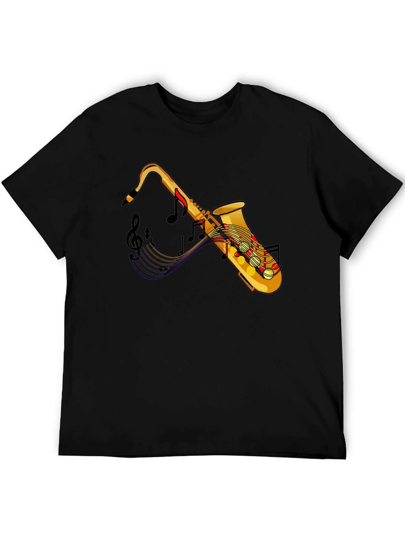 Black Saxophone Music Notes Graphic Black Tee Shirt view 5