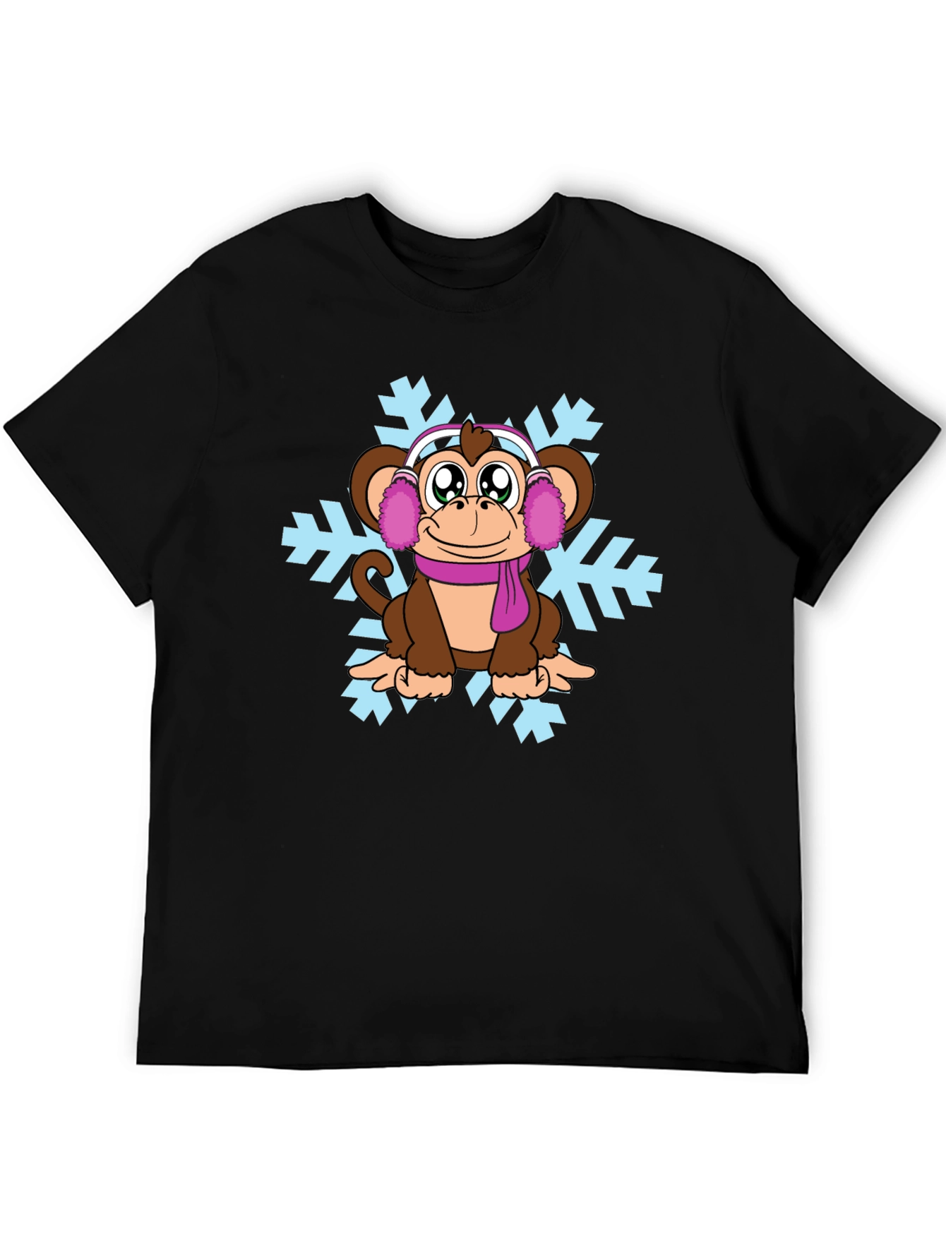 Black Winter Monkey T-Shirt - Cute Cartoon Design view 5