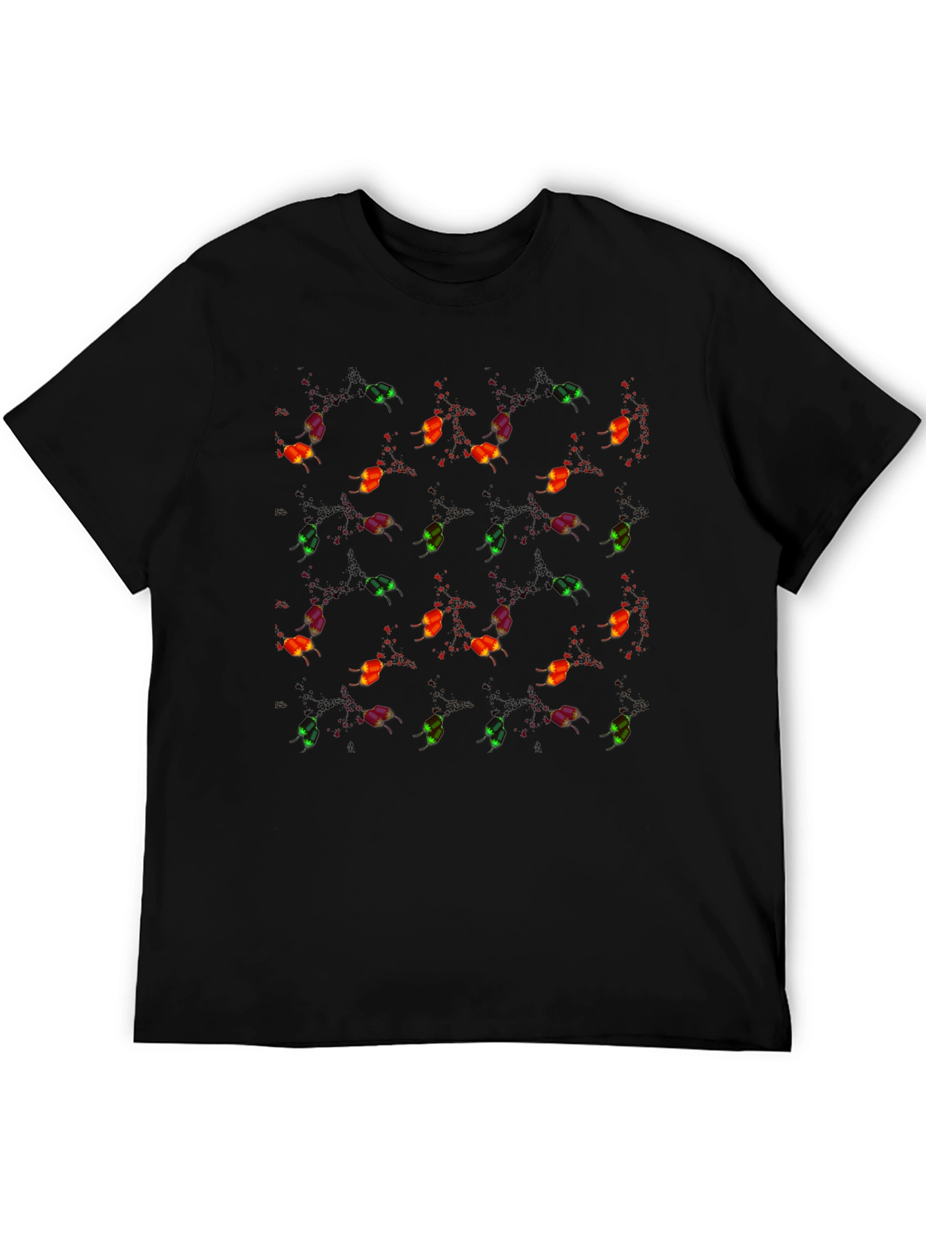 Whimsical Firefly Pattern Black Crew Neck T-Shirt - 5