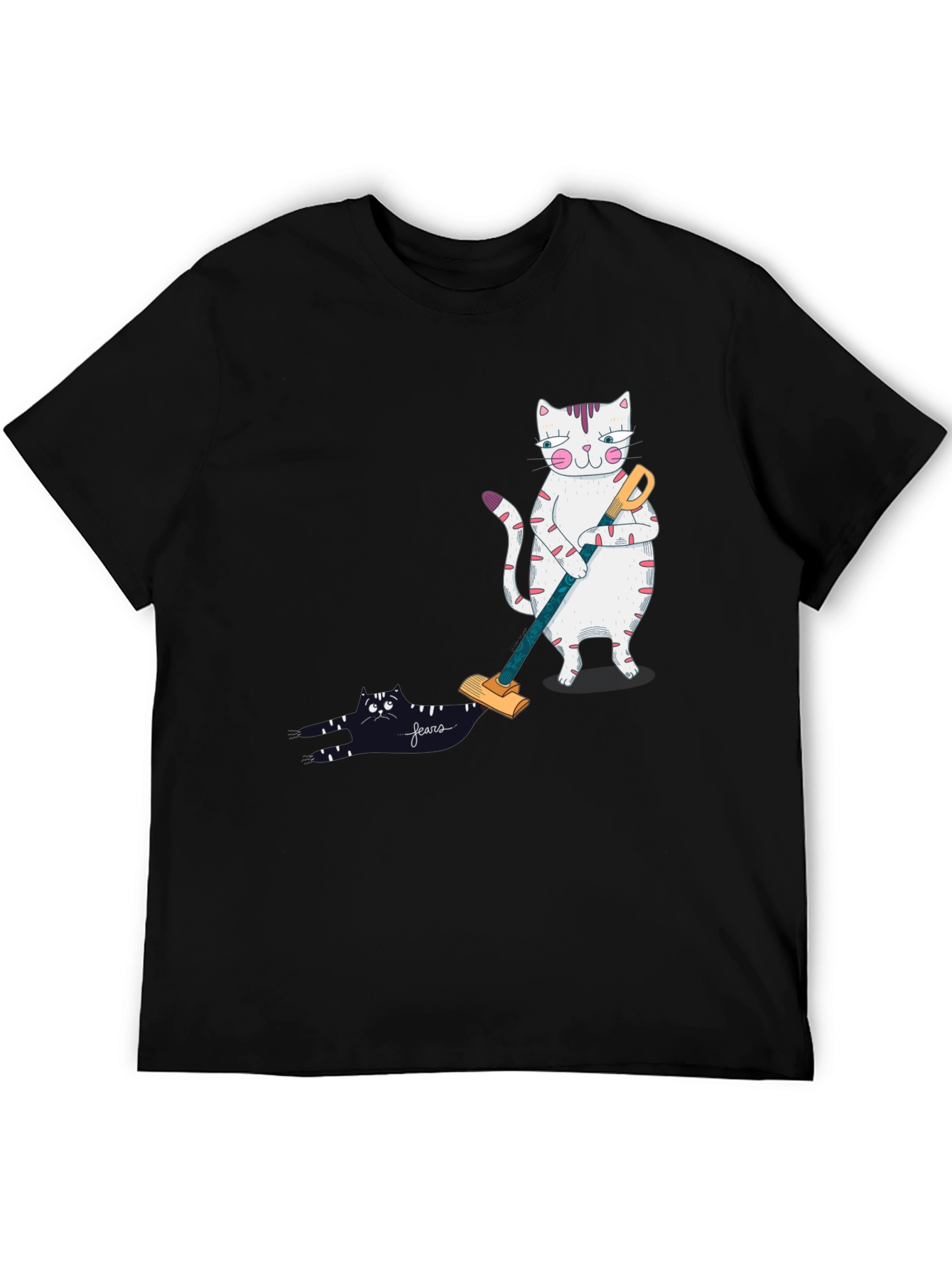 Black Funny Cat Vacuuming T-Shirt view 5