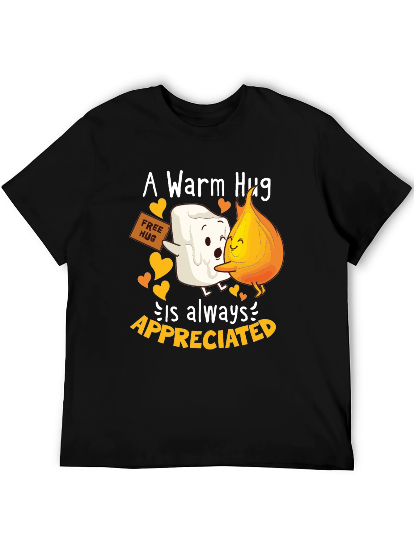 Black Warm Hug T-Shirt: Marshmallow and Flame Design view 5