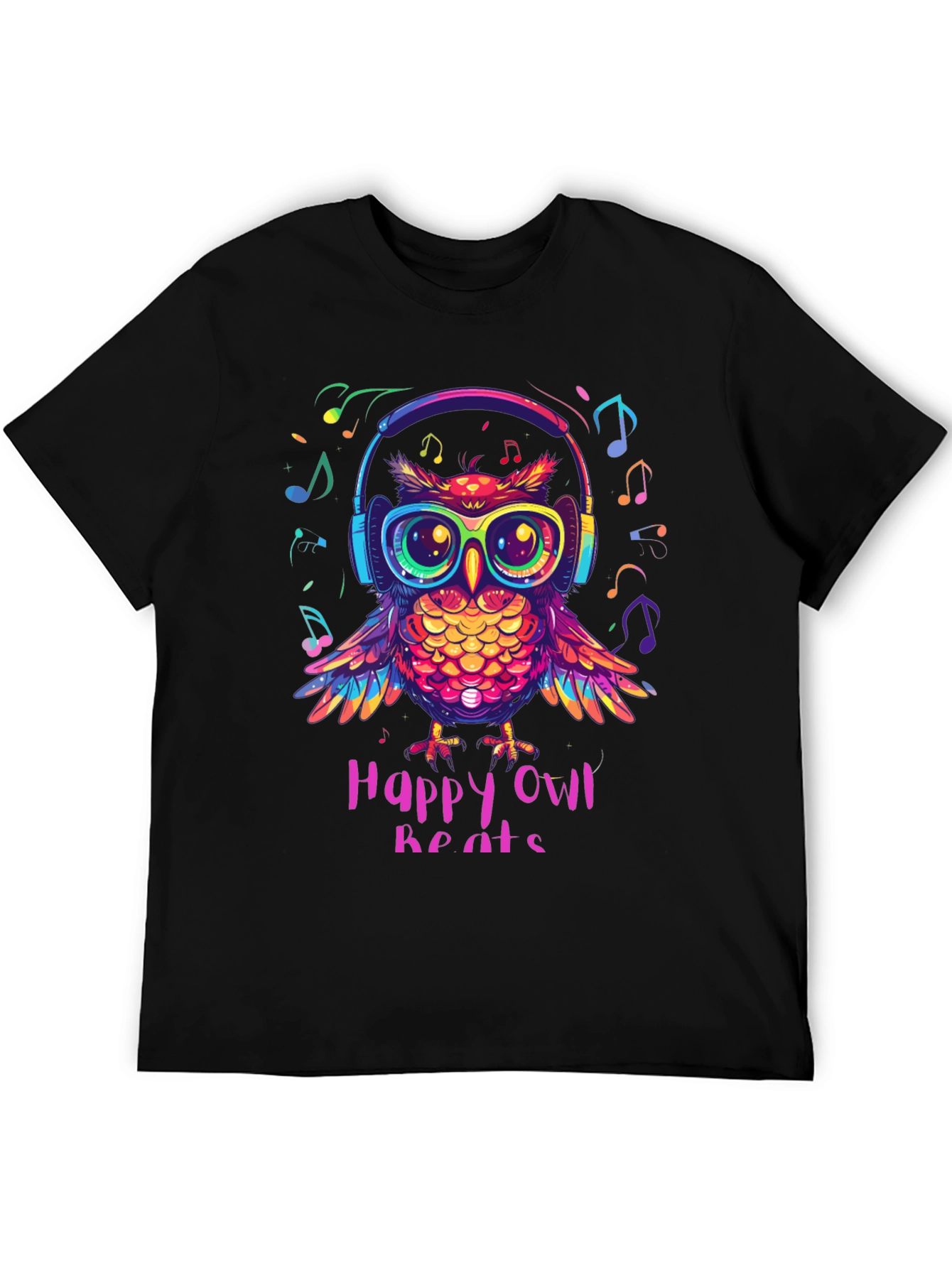 Black Happy Owl Beats T-Shirt - Colorful Music Lover Tee view 5