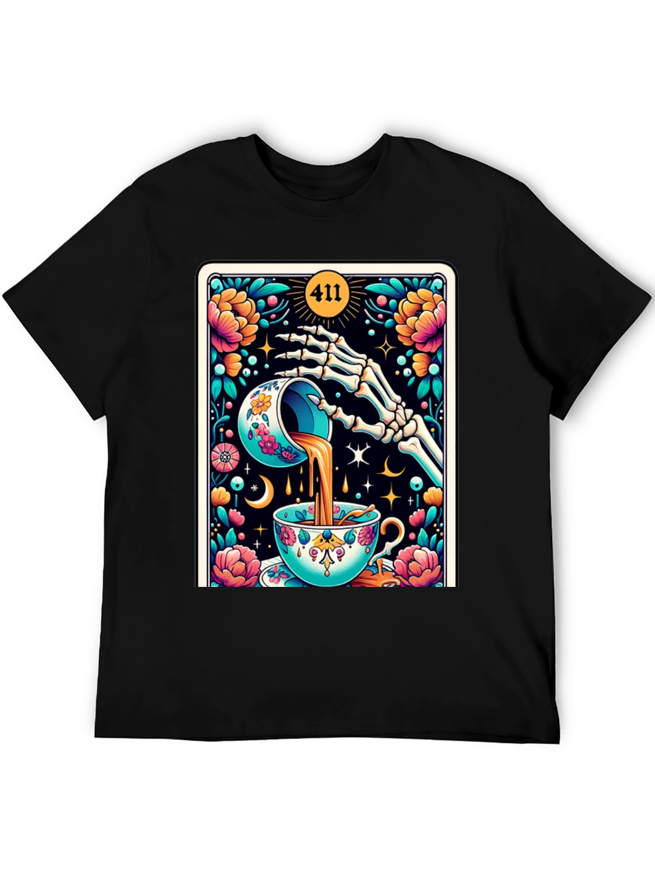 Black Floral Skeleton Tea Cup Tarot Graphic Tee view 5