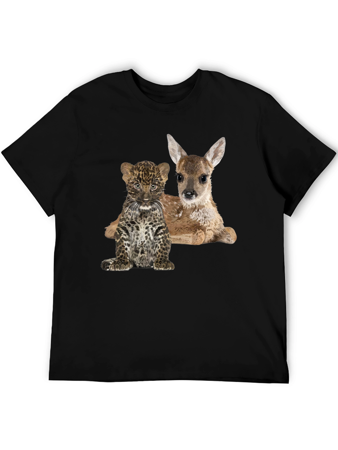 Black Cute Animal Graphic Tee - Deer and Leopard Cub view 5