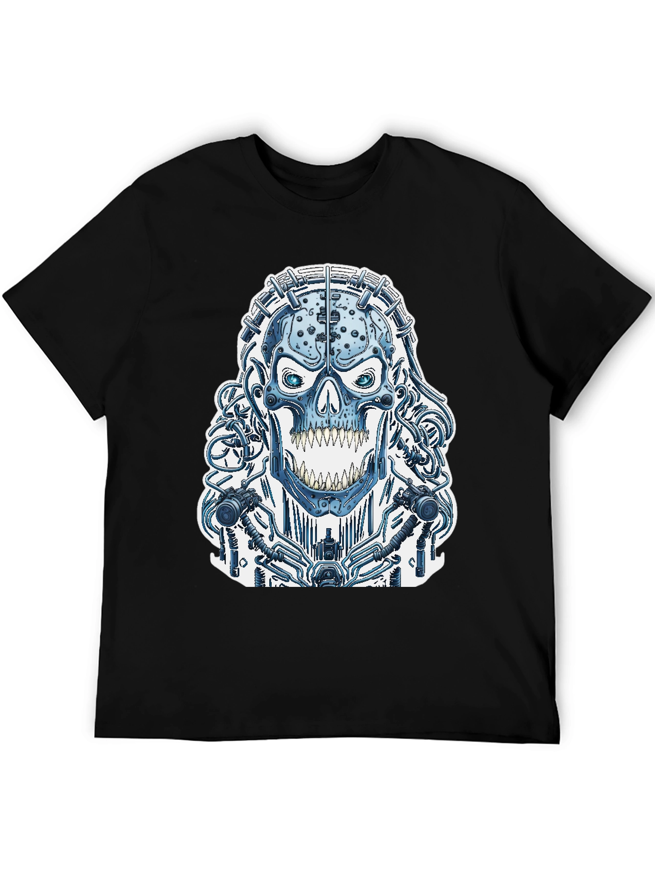 Black Cyberpunk Skull Graphic Tee - Black Cotton T-Shirt view 5