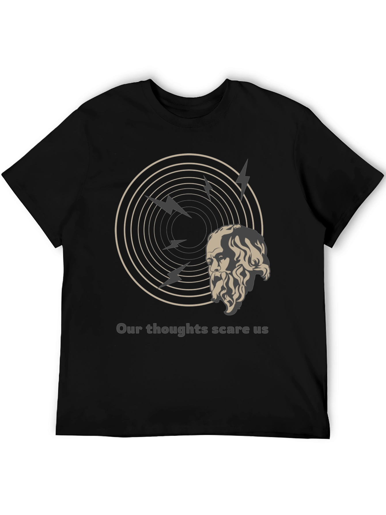 Black Philosophical T-Shirt: Our Thoughts Scare Us Tee view 5
