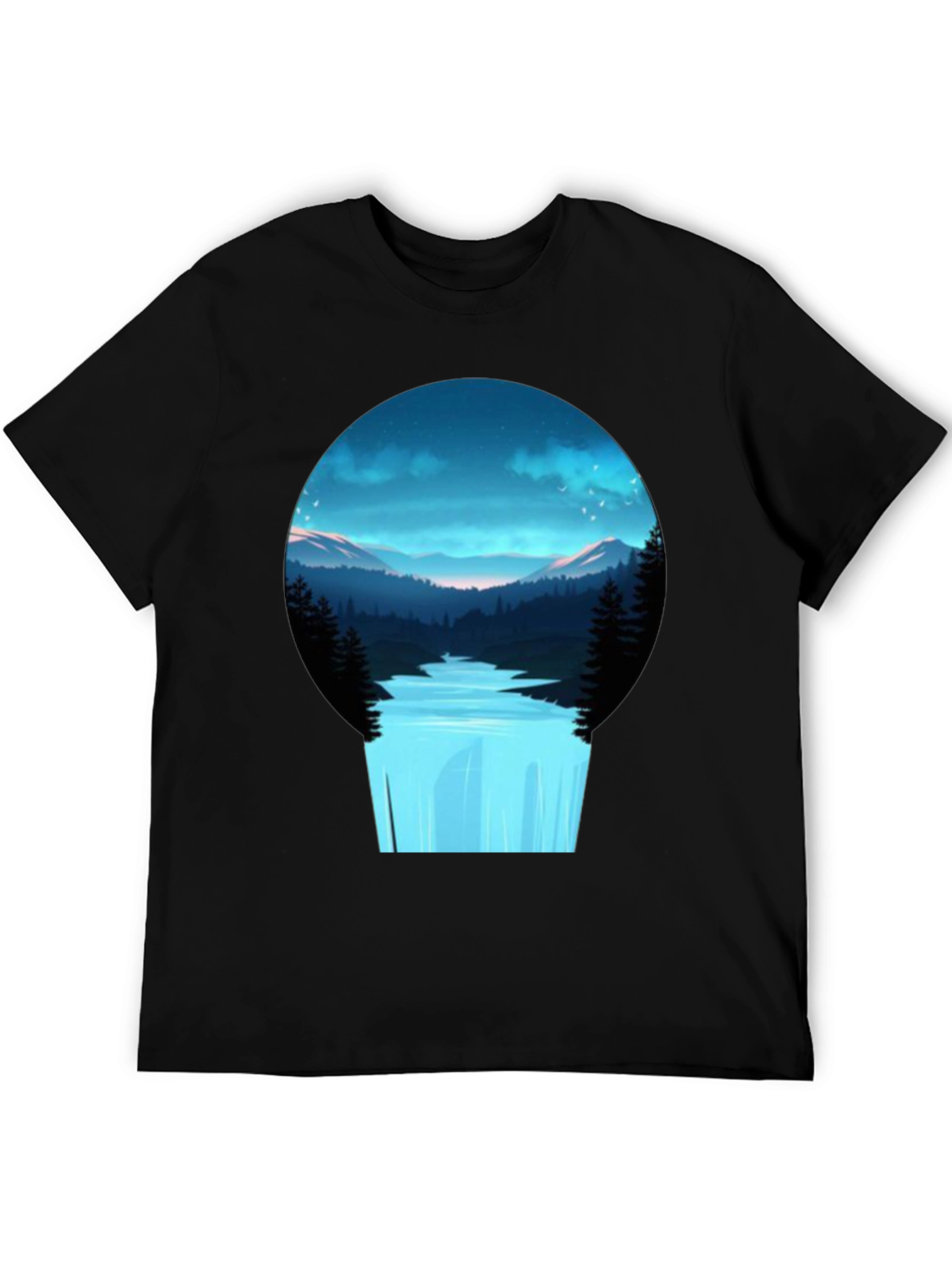 Black Nature Vista Black Tee - Artistic Mountain Waterfall Design view 5