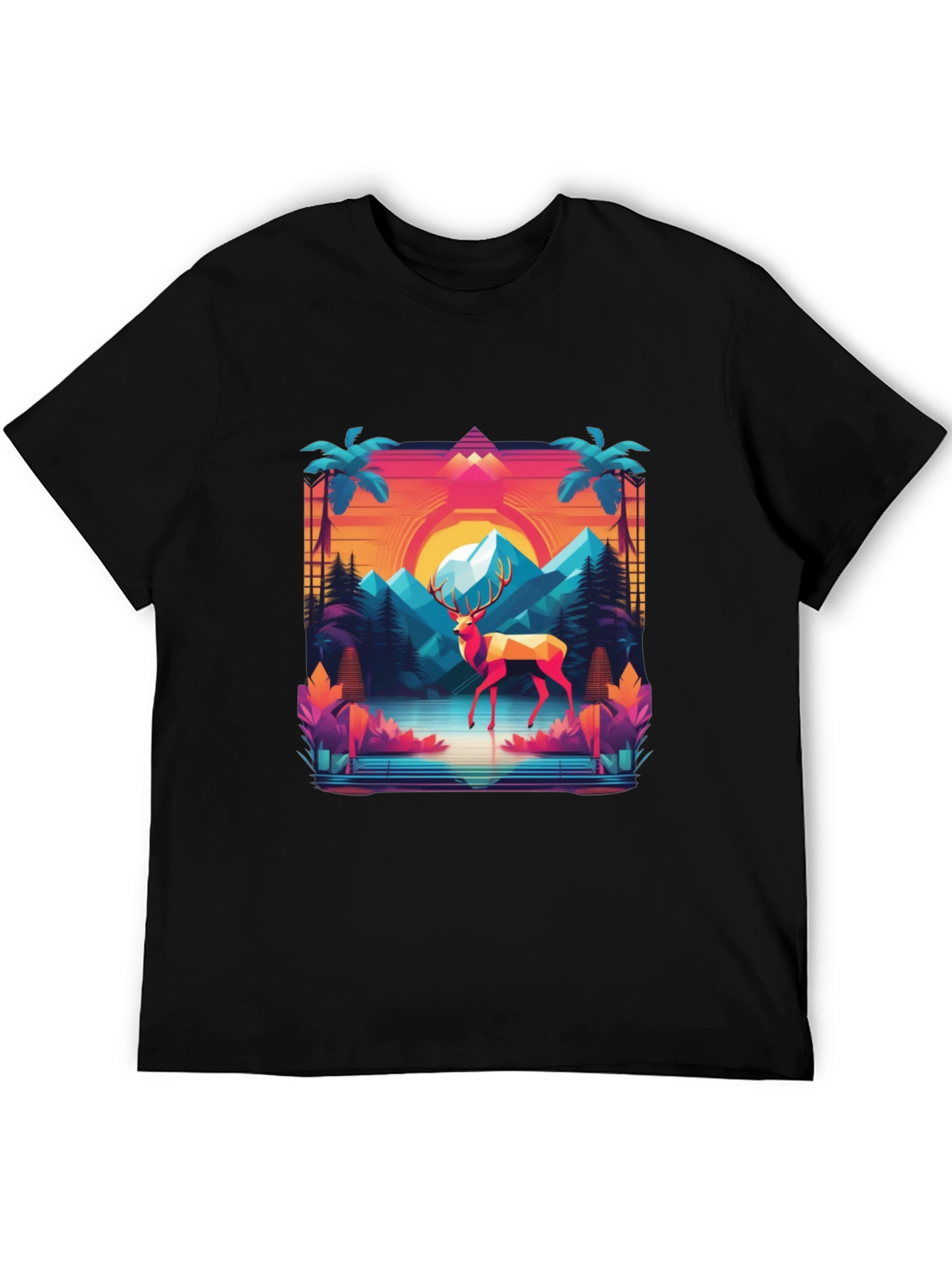 Black Retro Deer Graphic Tee - Synthwave Style view 5