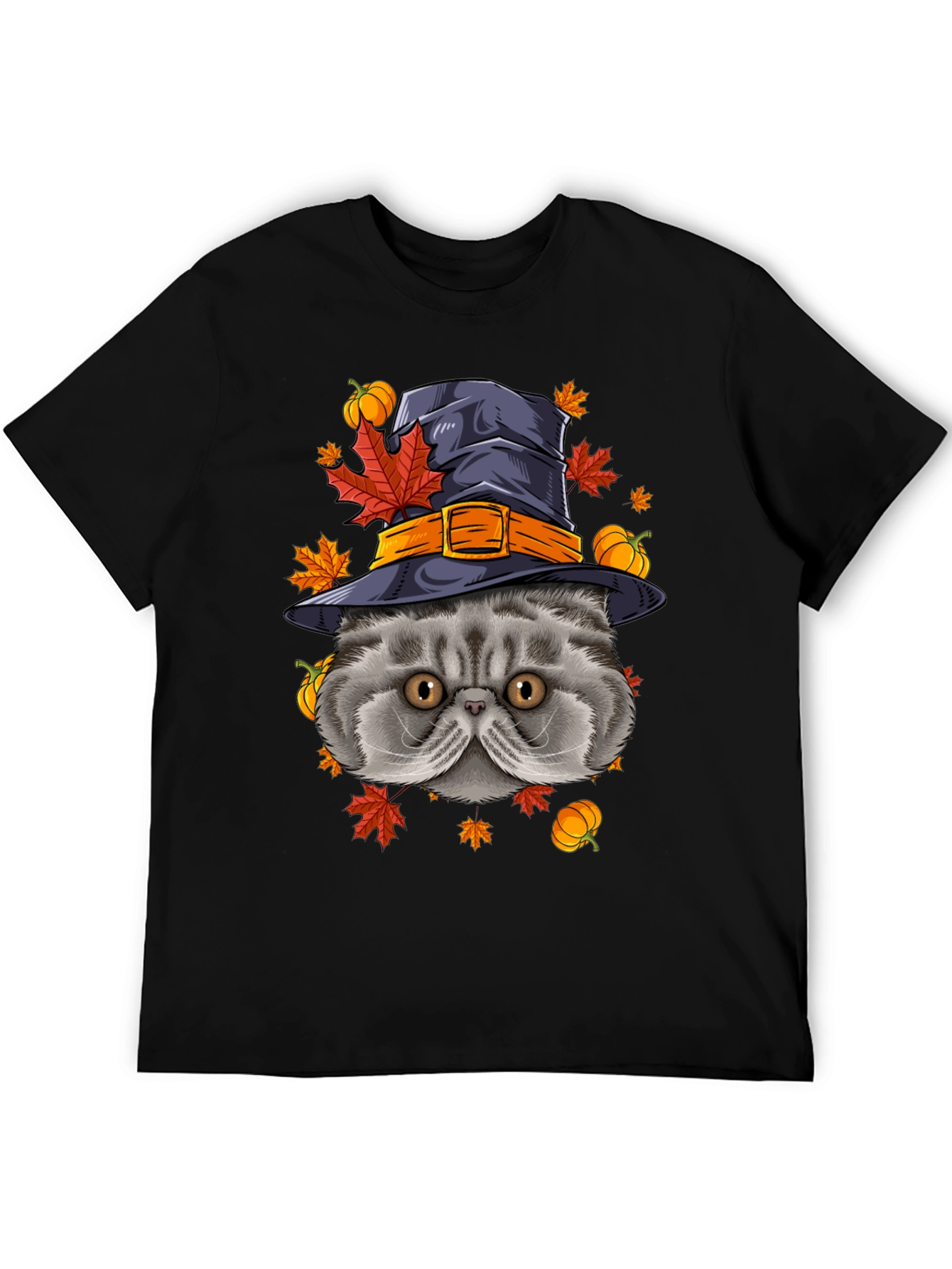 Black Halloween Cat T-Shirt with Witch Hat & Pumpkins view 5