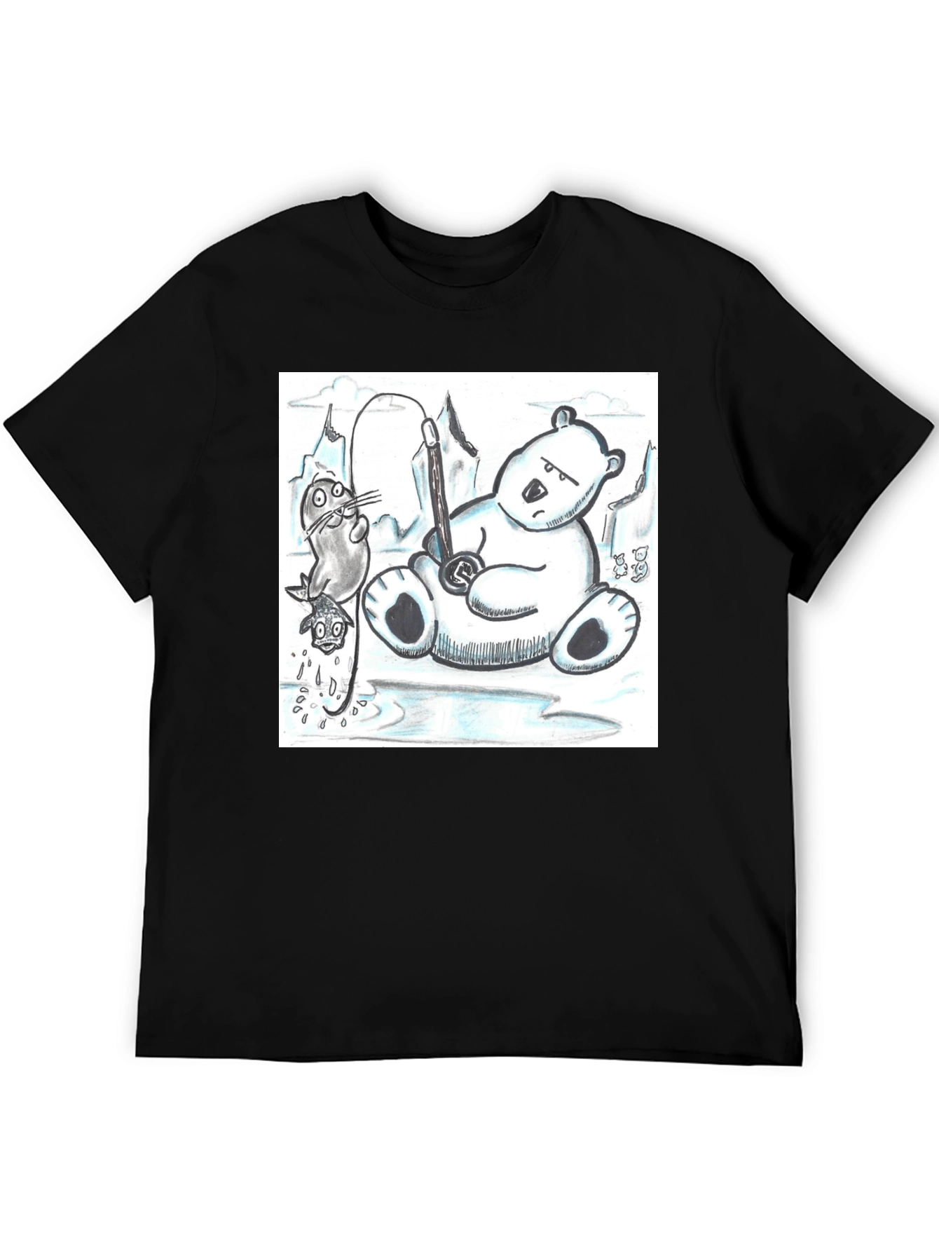 Black Cartoon Graphic Tee: Polar Bear Fishing view 5