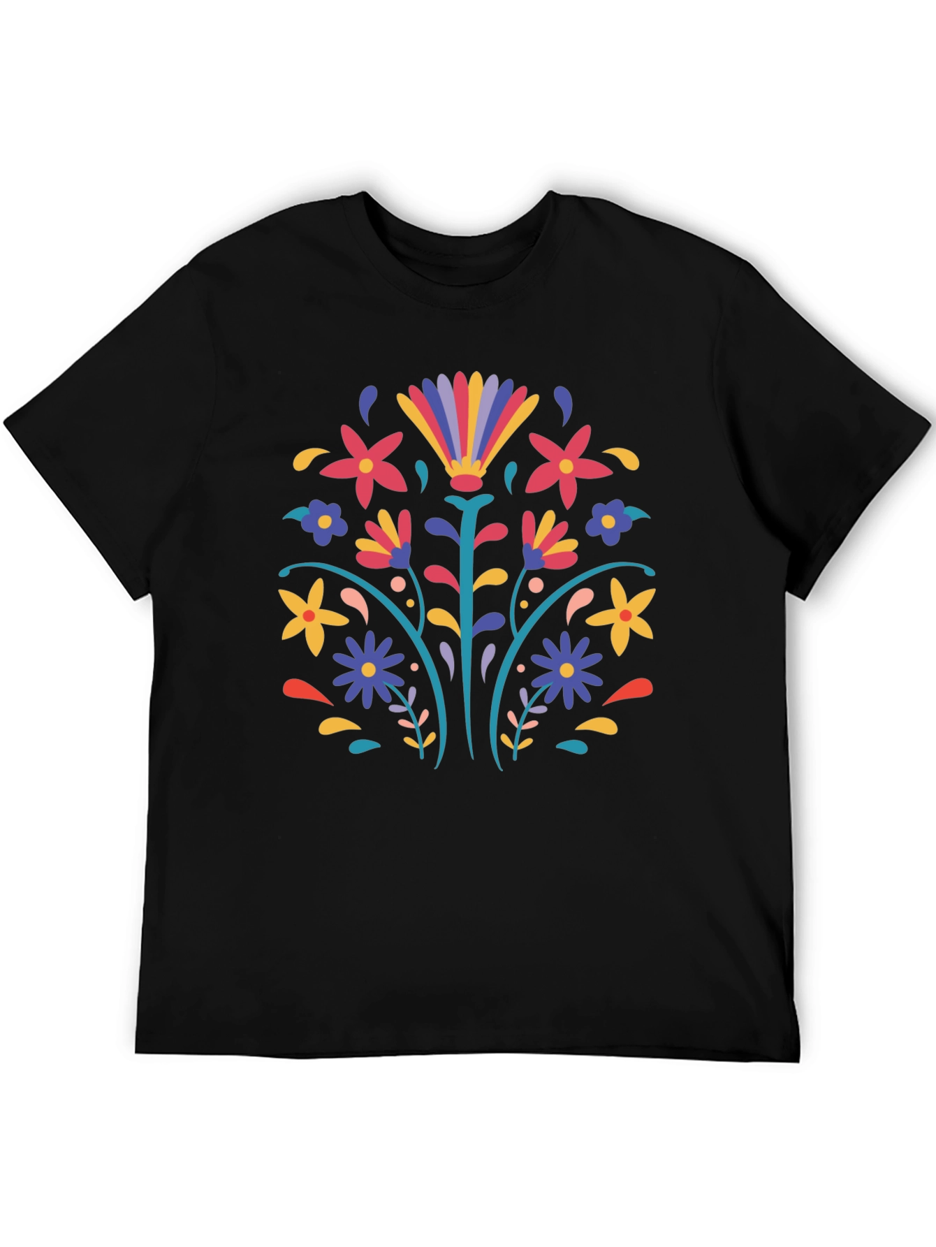 Black Floral Folk Art Black T-Shirt view 5