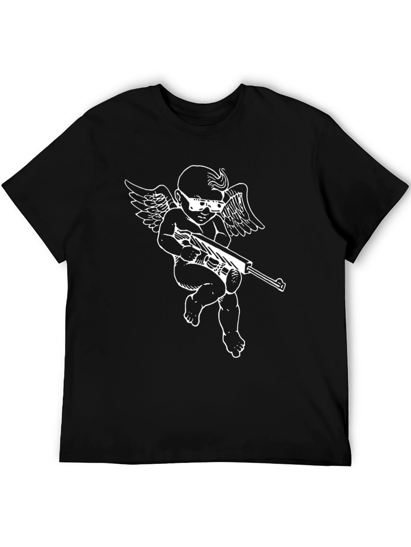Black Graphic Tee: Cupid with Gun - Black Cotton T-Shirt view 5