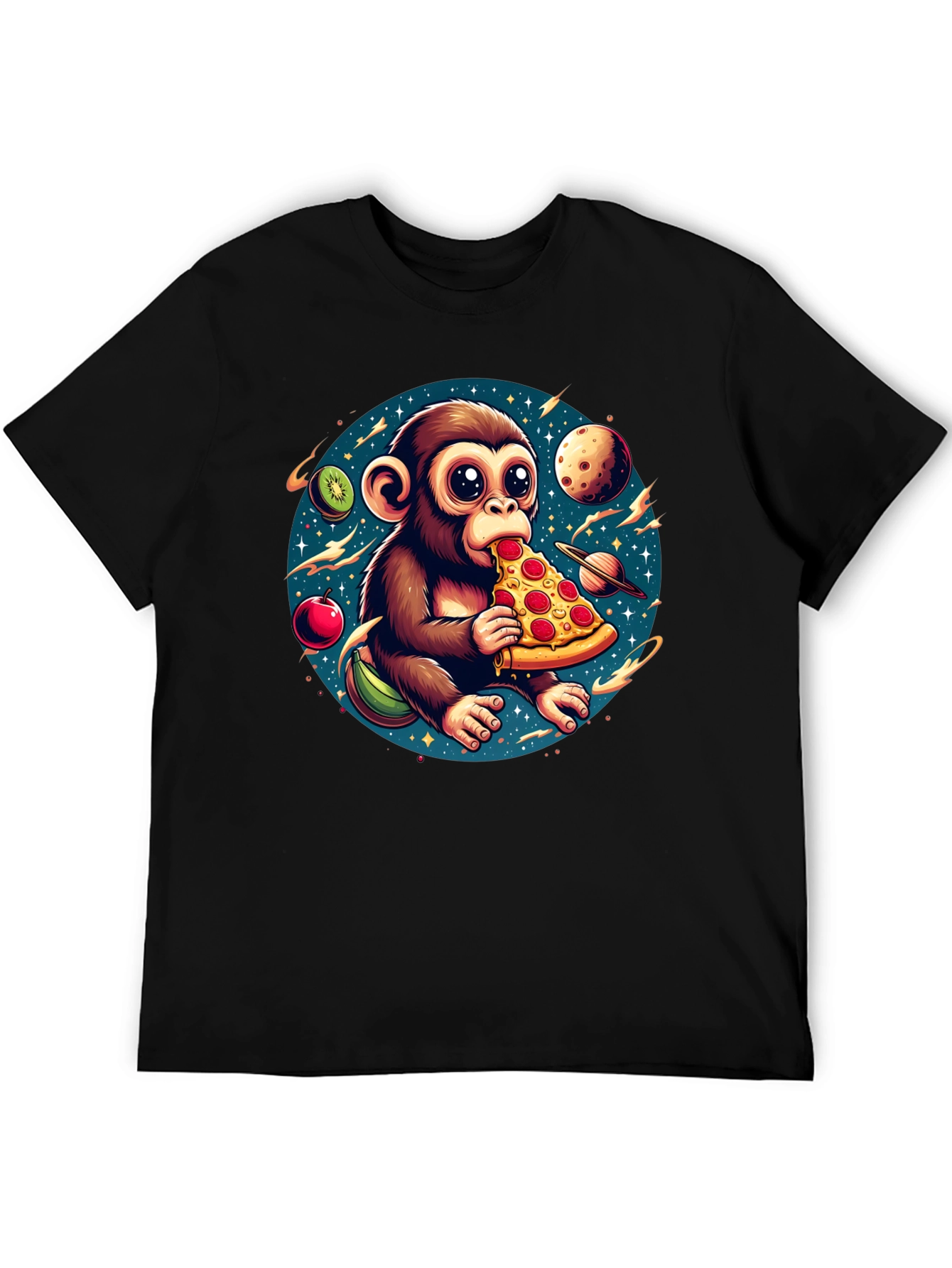 Black Monkey Eating Pizza in Space T-Shirt view 5