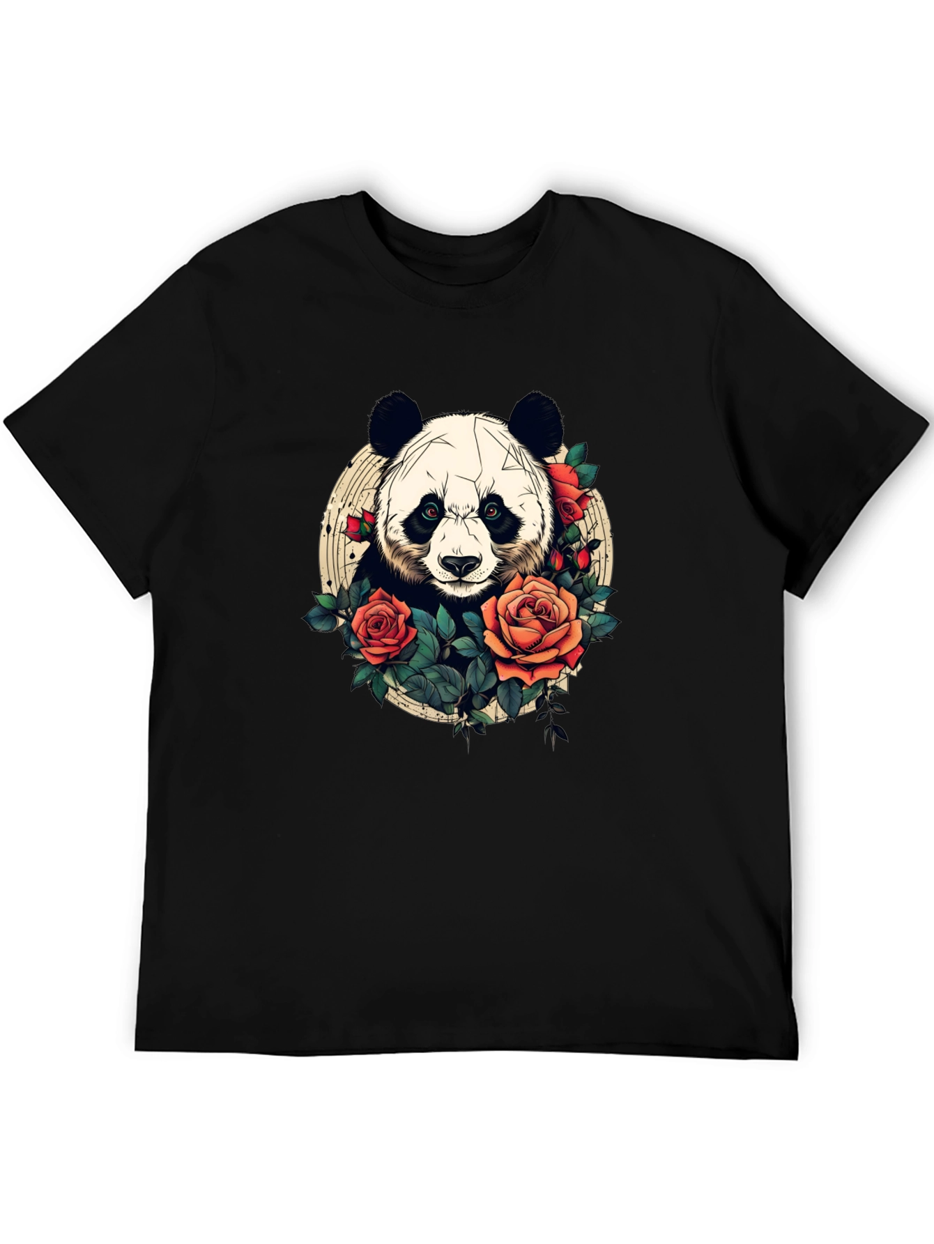 Black Panda Rose Graphic Tee - Black Crew Neck Casual T-Shirt view 5