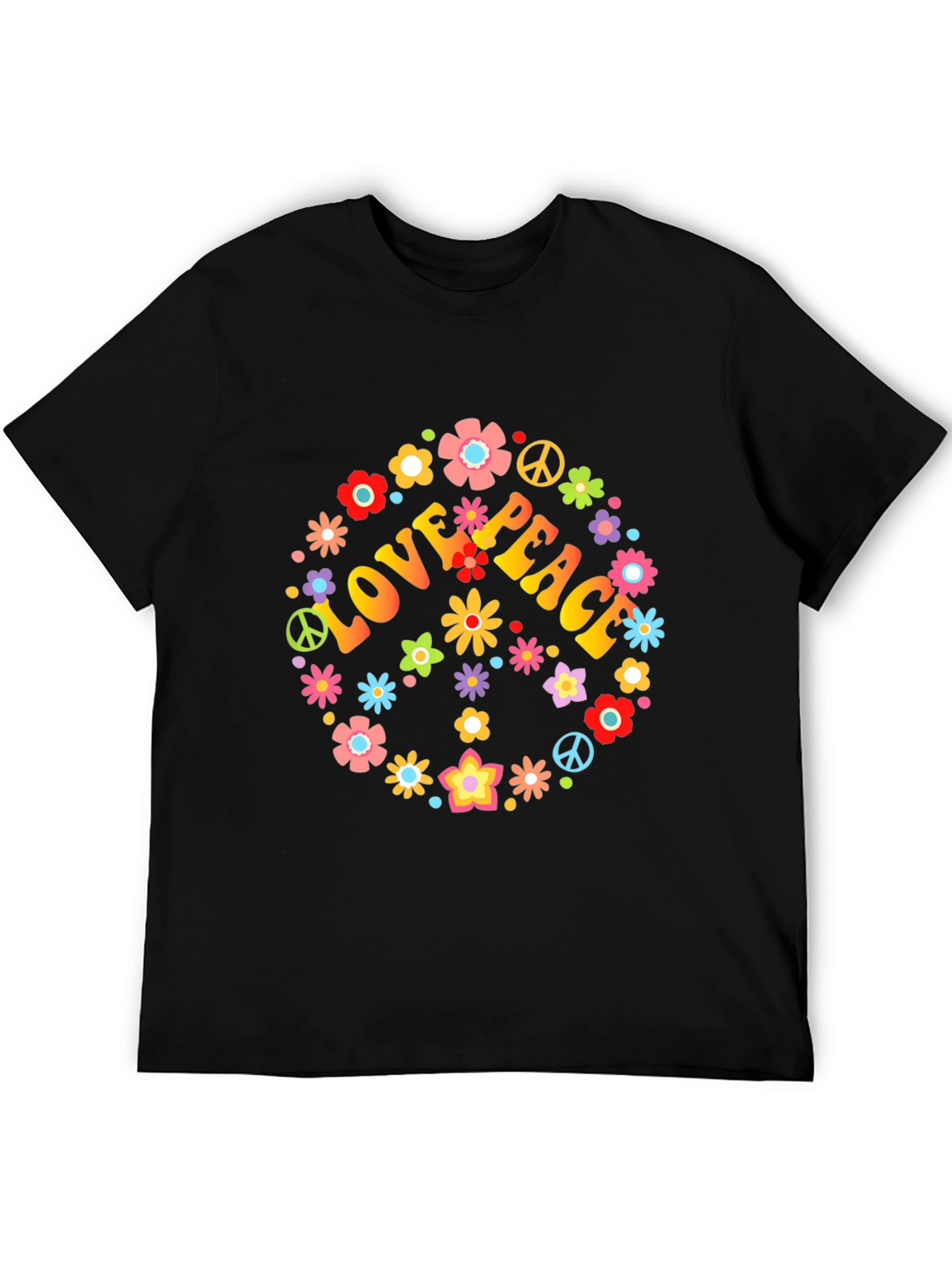 Black Love Peace Floral T-Shirt - Retro Hippie Style view 5