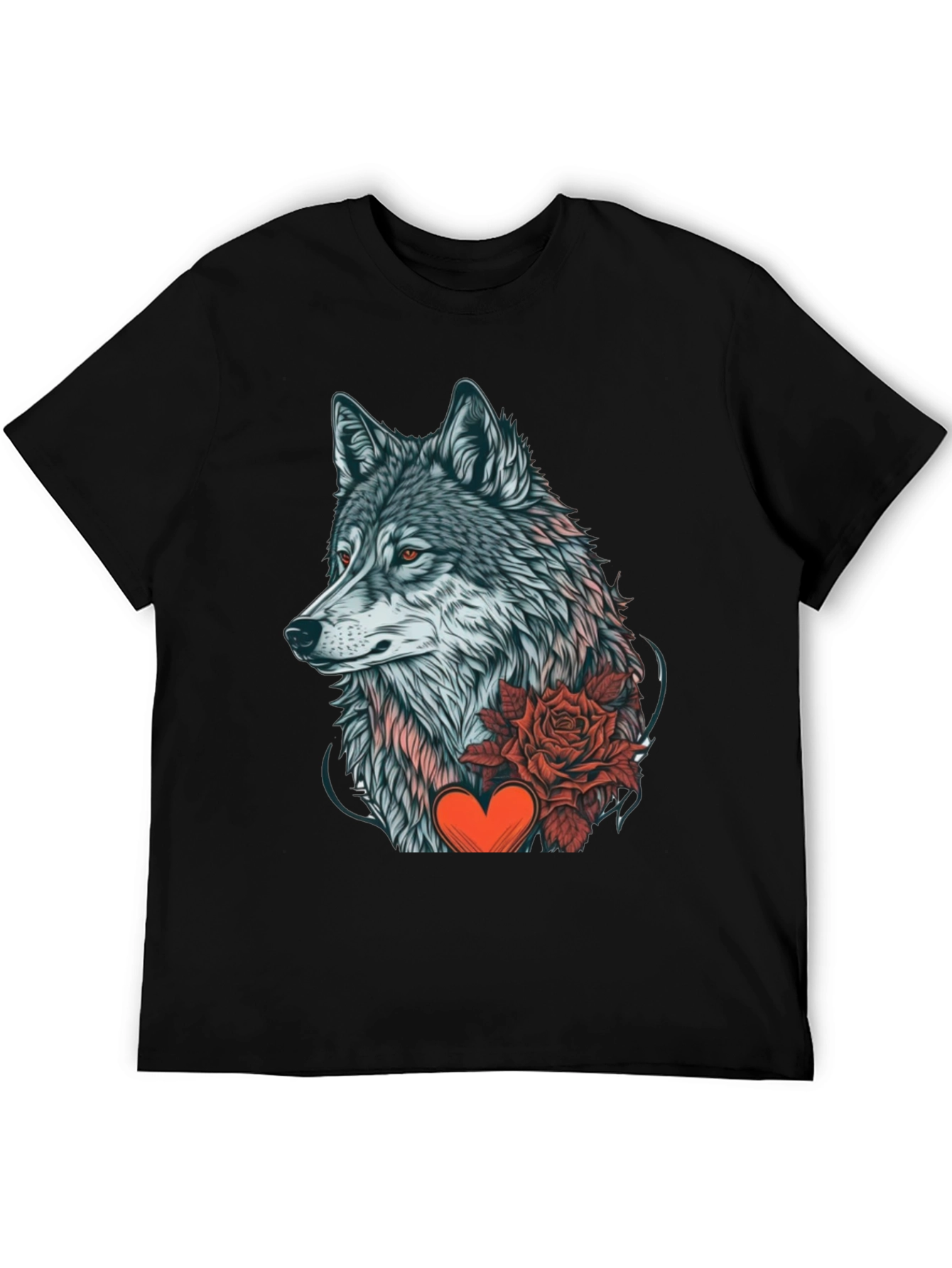 Black Wolf Rose Heart Graphic Black T-Shirt view 5