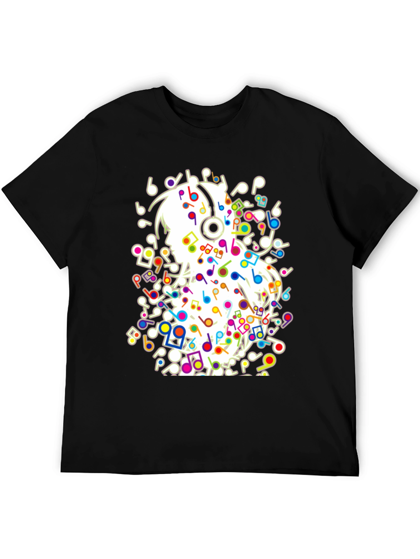 Black Musical Girl T-Shirt - Black Cotton Tee with Colorful Notes view 5