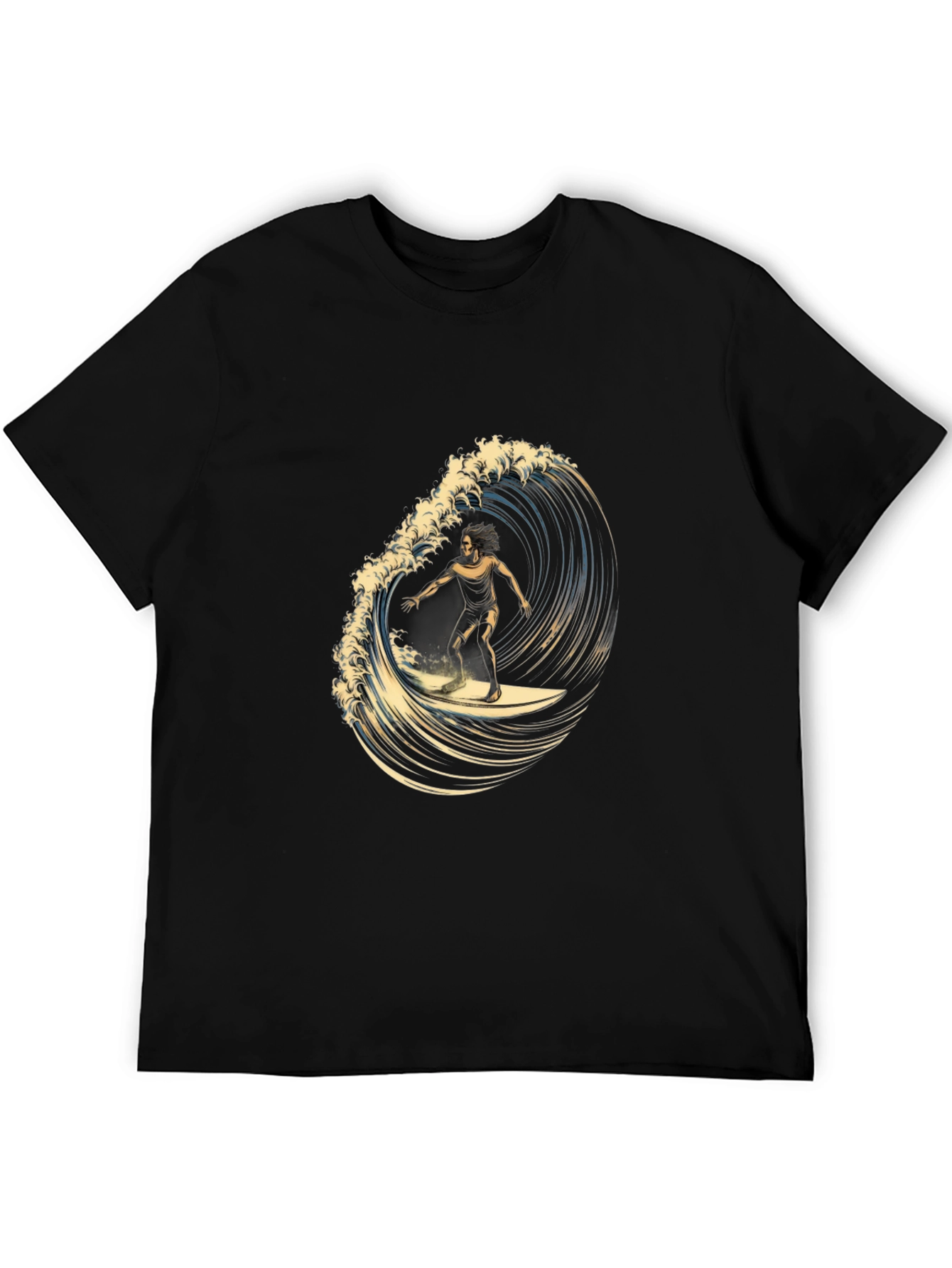 Black Surfer Wave Graphic Tee - Black Cotton Casual view 5