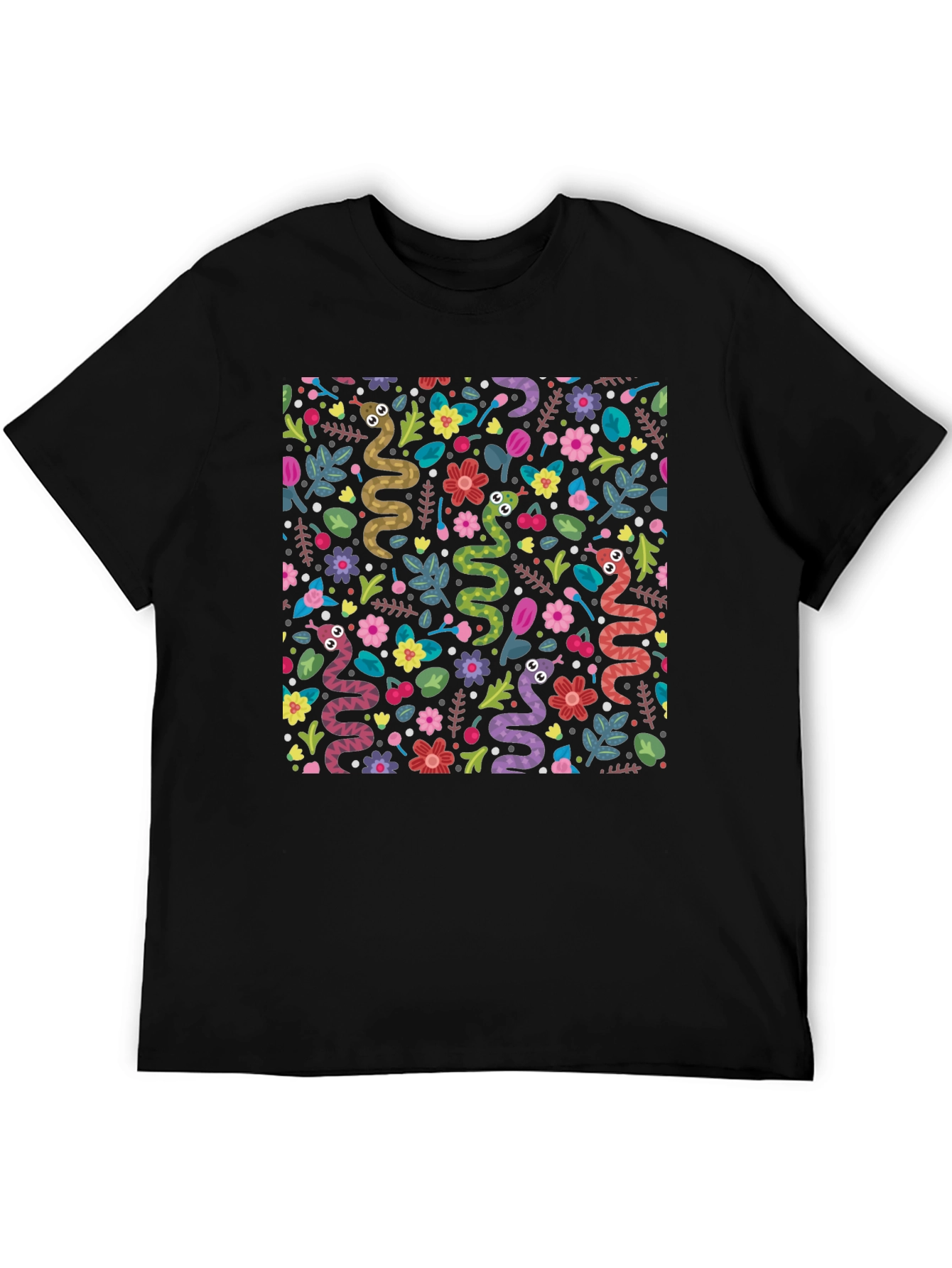 Black Snakes & Flowers Black Tee - Fun Animal Print view 5