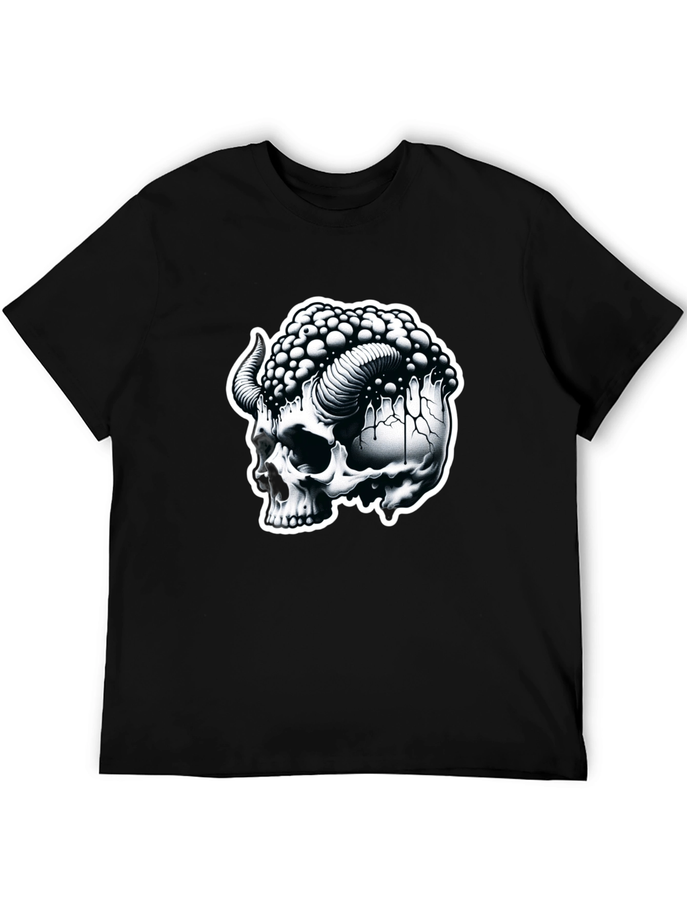 Black Skull & Horns Graphic Tee - Mens Black Cotton T-Shirt view 5