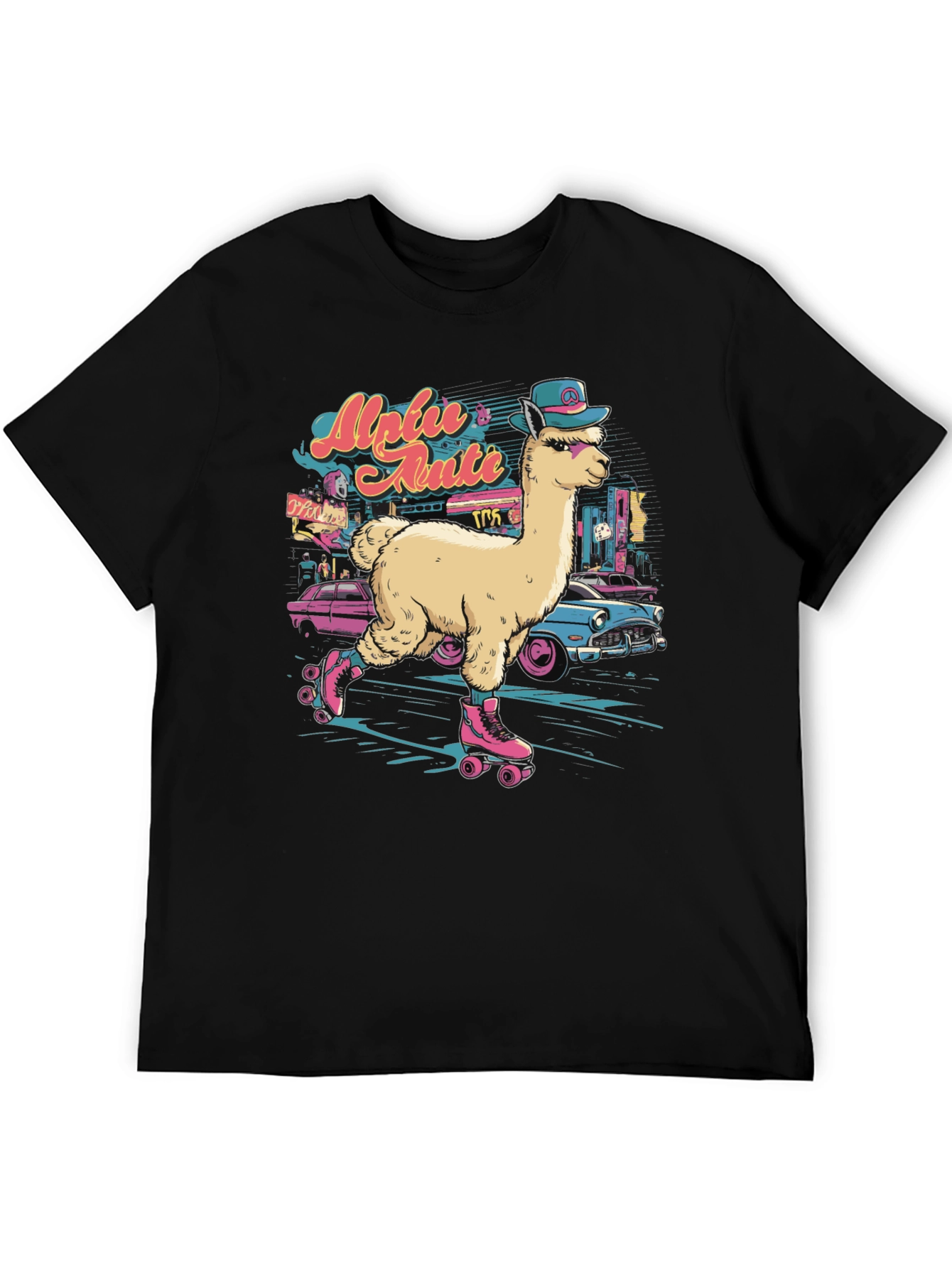 Black Retro Roller Skating Alpaca T-Shirt view 5