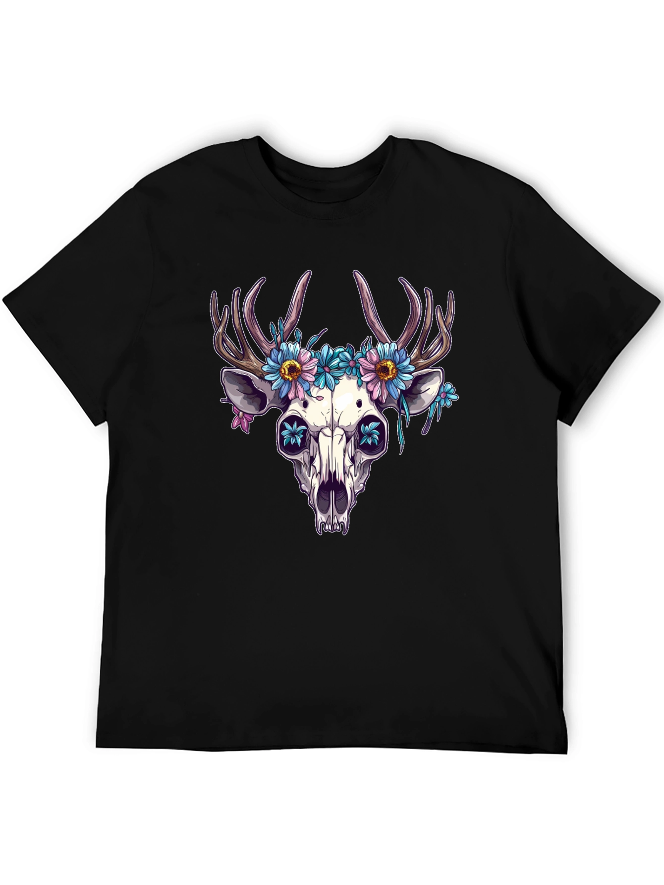 Black Floral Deer Skull Graphic Tee - Edgy Style view 5