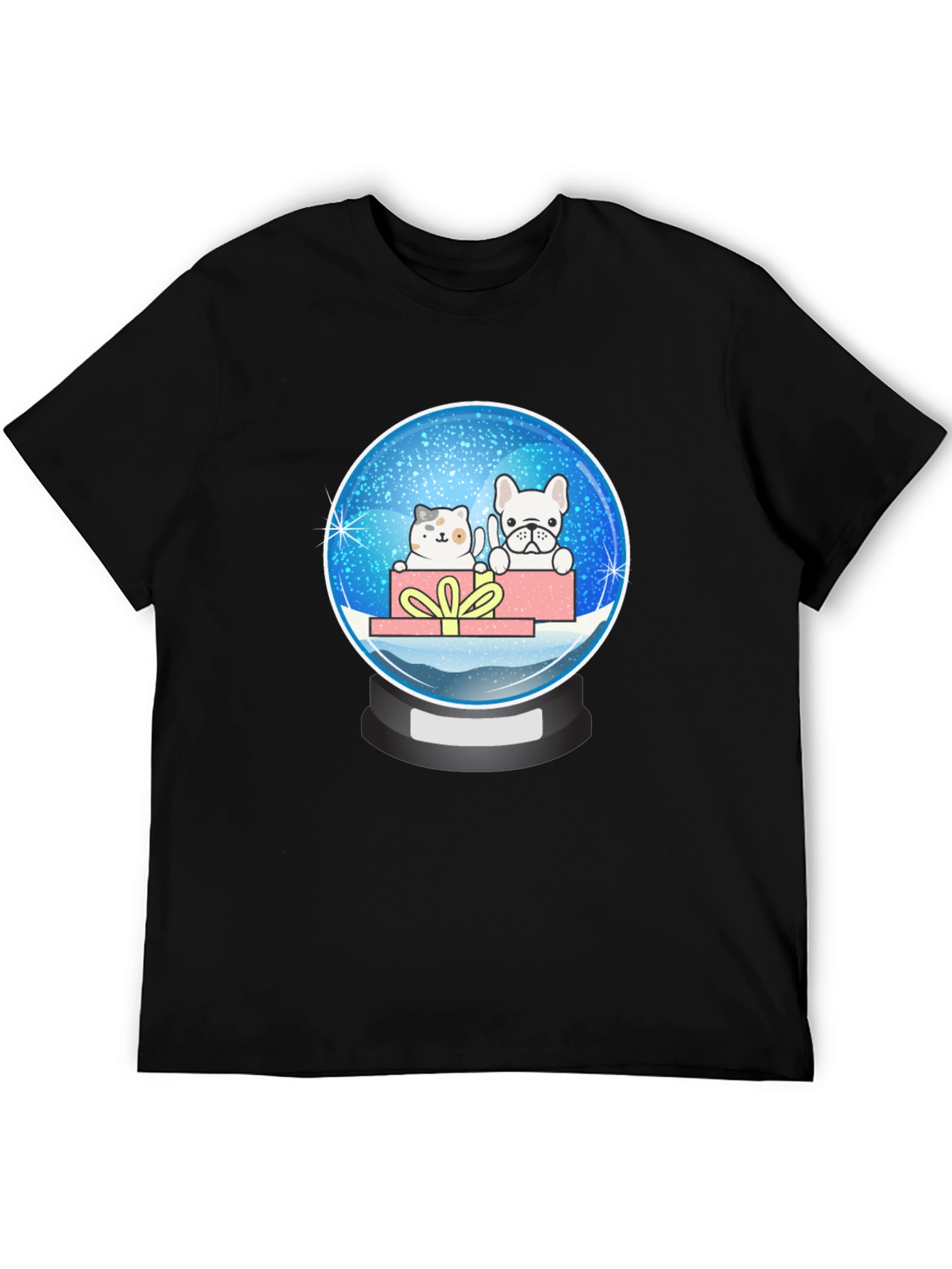 Black Snow Globe Cat & Dog Graphic Tee - Cute Christmas Gift view 5