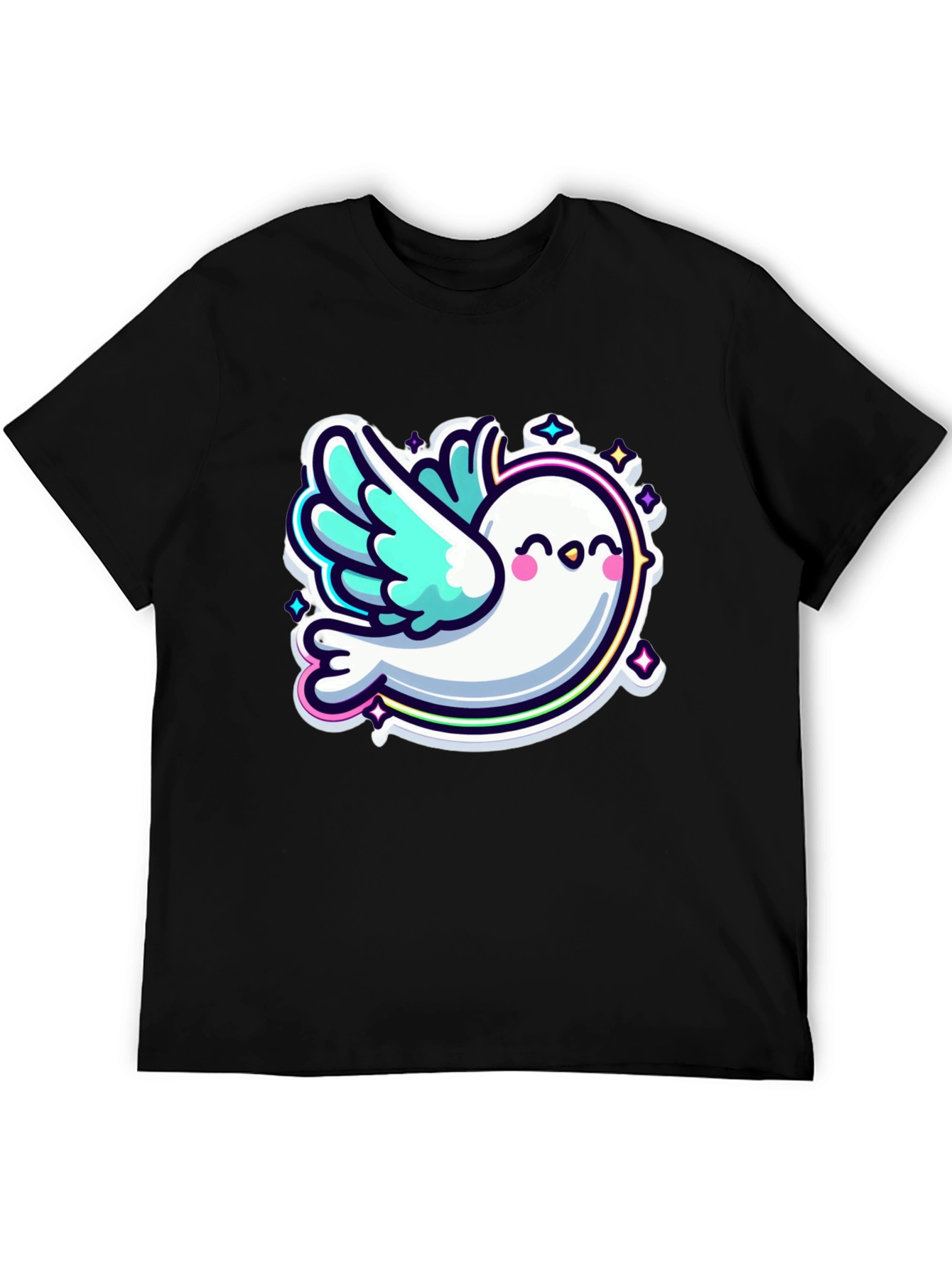 Black Cute Cartoon Dove Graphic Black T-Shirt view 5