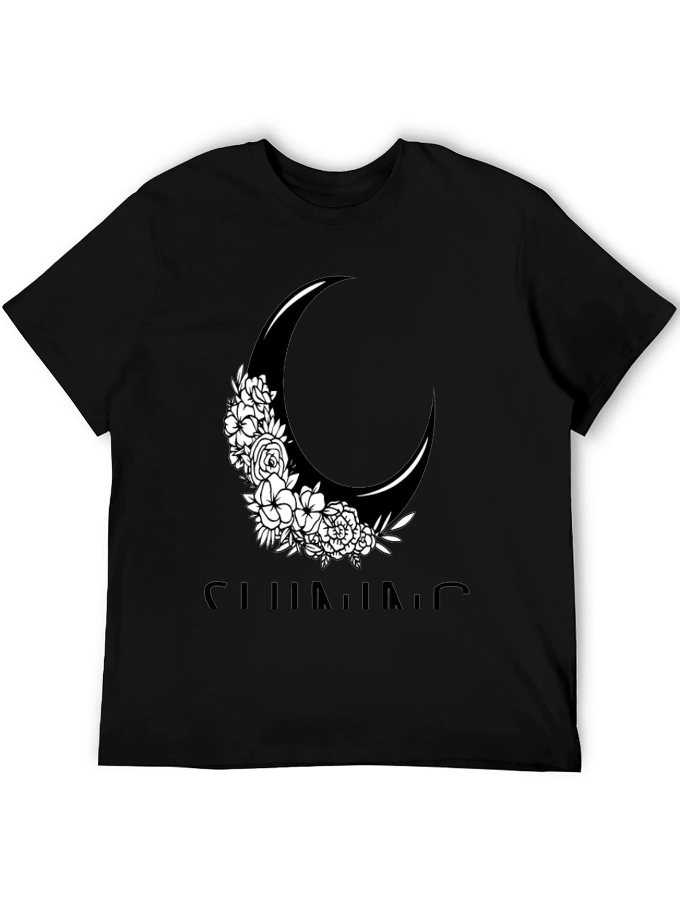 Black Floral Crescent Moon Graphic Tee - Black Cotton Casual Shirt view 5