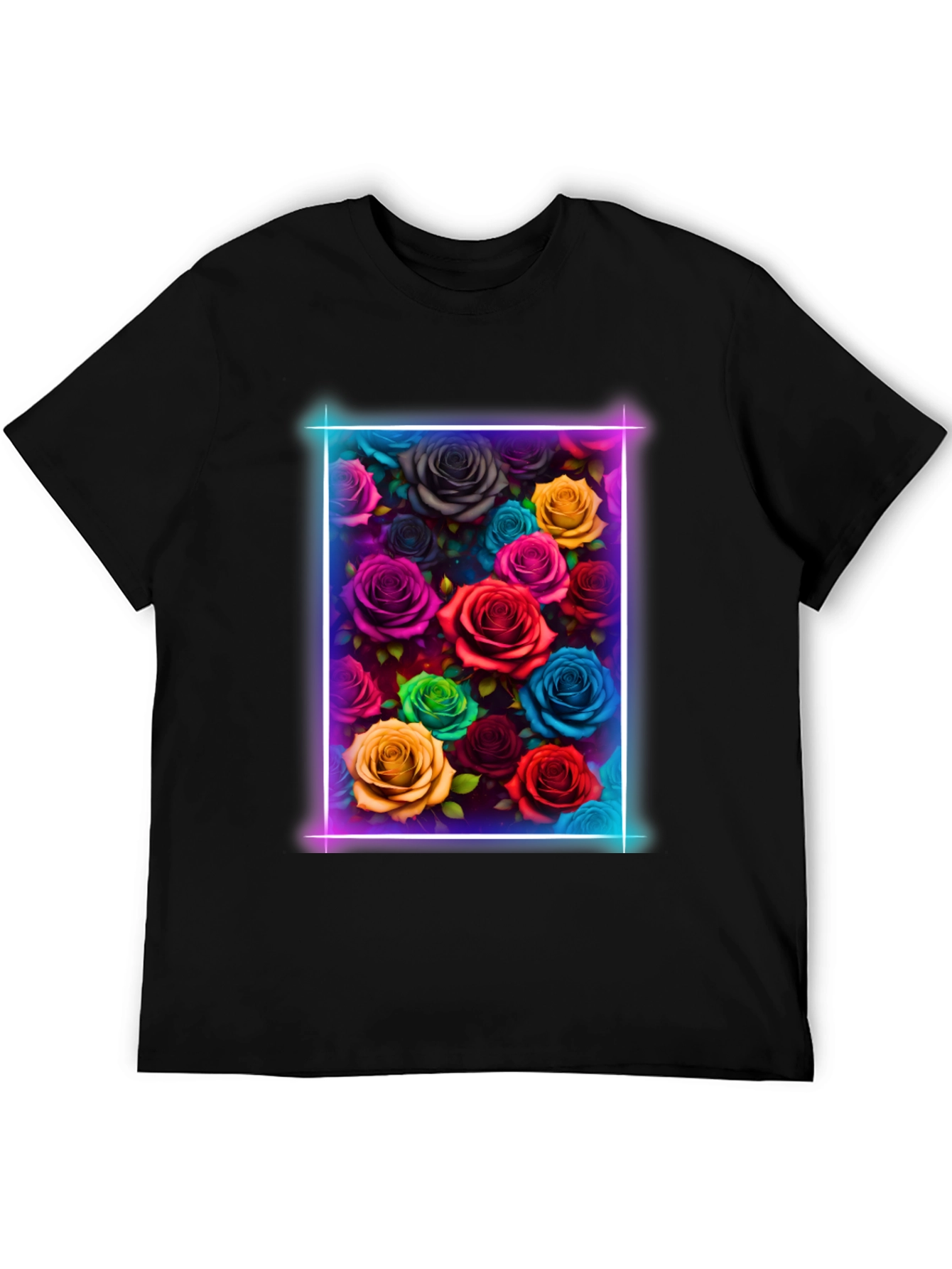 Black Neon Roses Graphic Tee - Vibrant Floral Design view 5