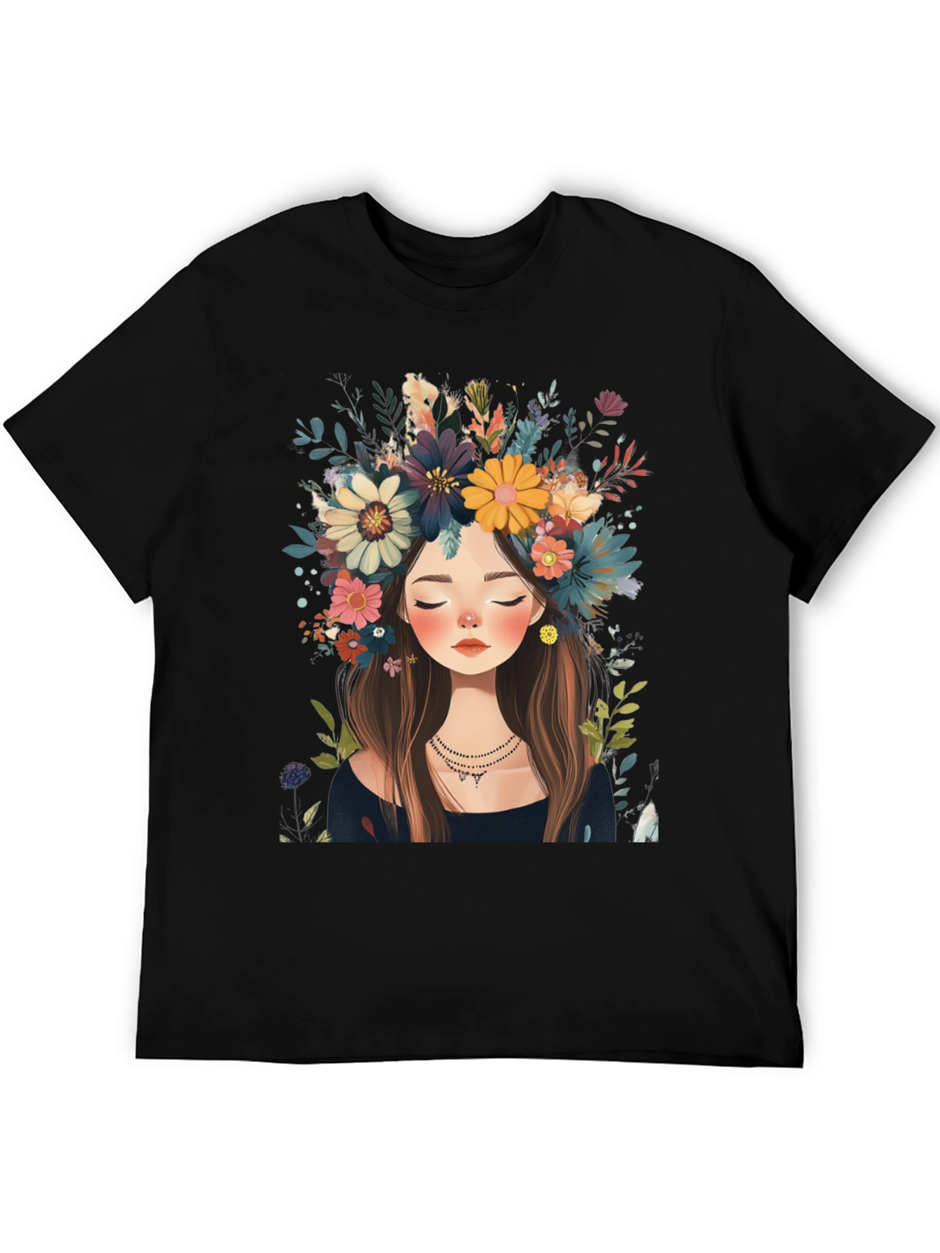Black Floral Crown Girl Black T-Shirt view 5