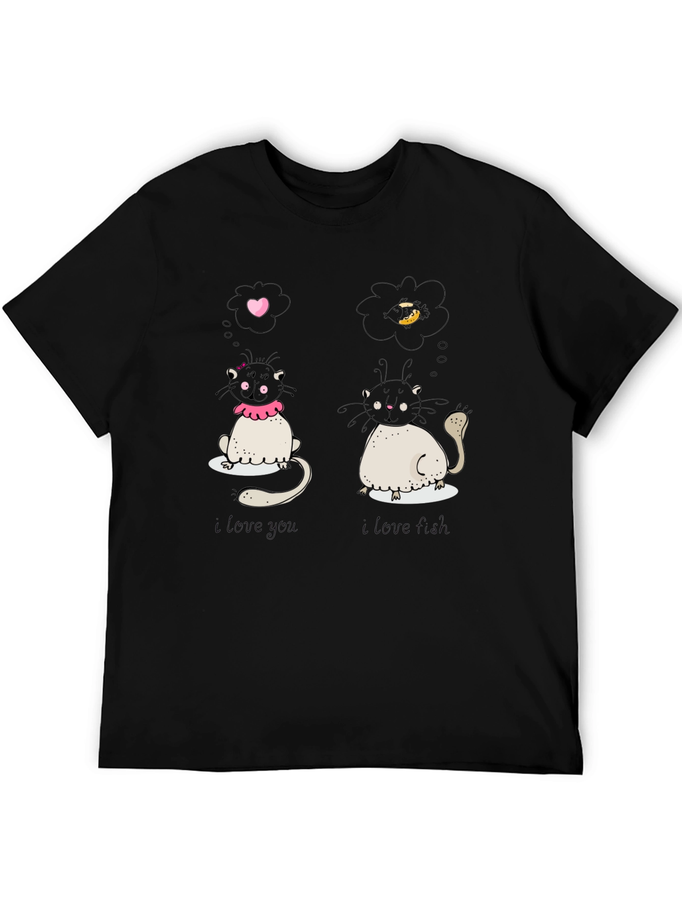 Black Cute Cat Love and Food Graphic Black T-Shirt view 5