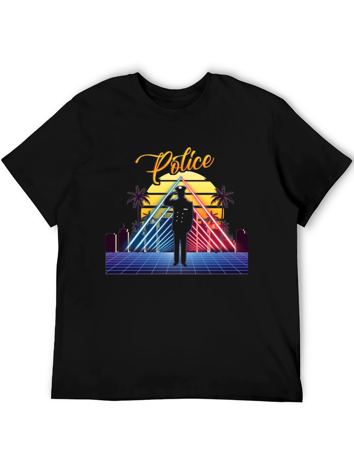 Black Retro Police Graphic T-Shirt - Synthwave Design view 5