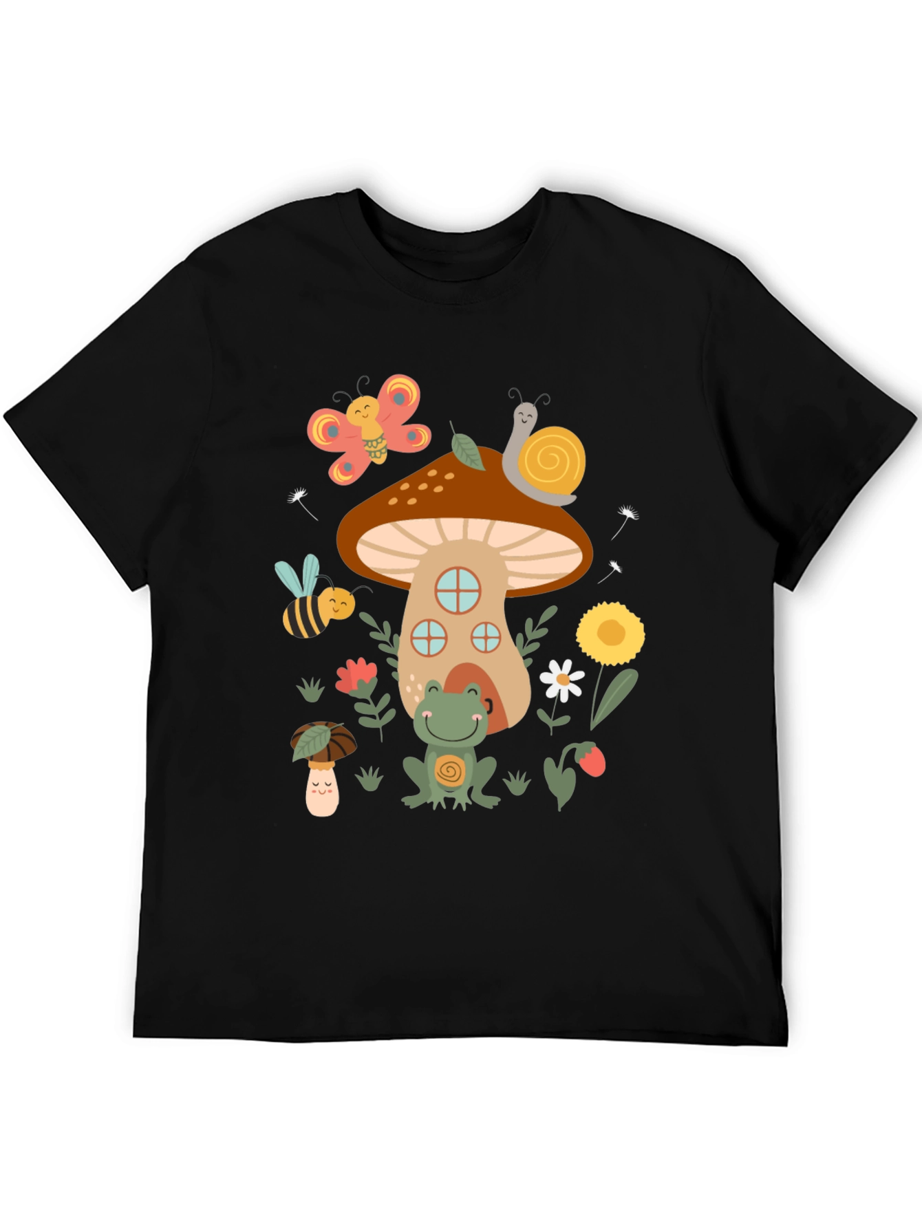 Black Cute Mushroom House Graphic T-Shirt view 5