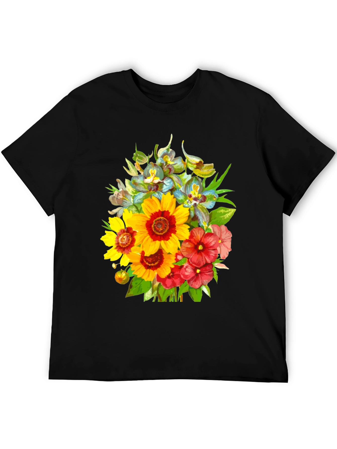 Black Floral Bouquet Graphic Tee - Stylish Men's Black T-Shirt view 5