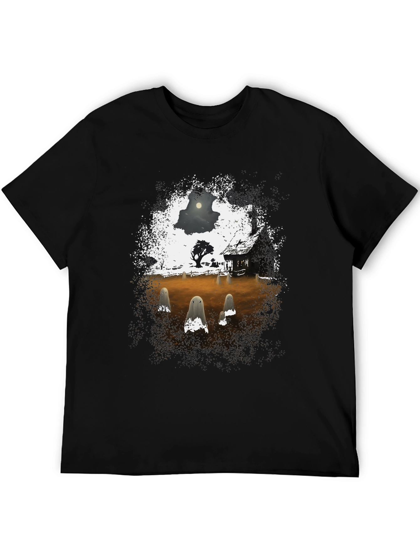 Black Spooky Ghost Scene Graphic T-Shirt view 5