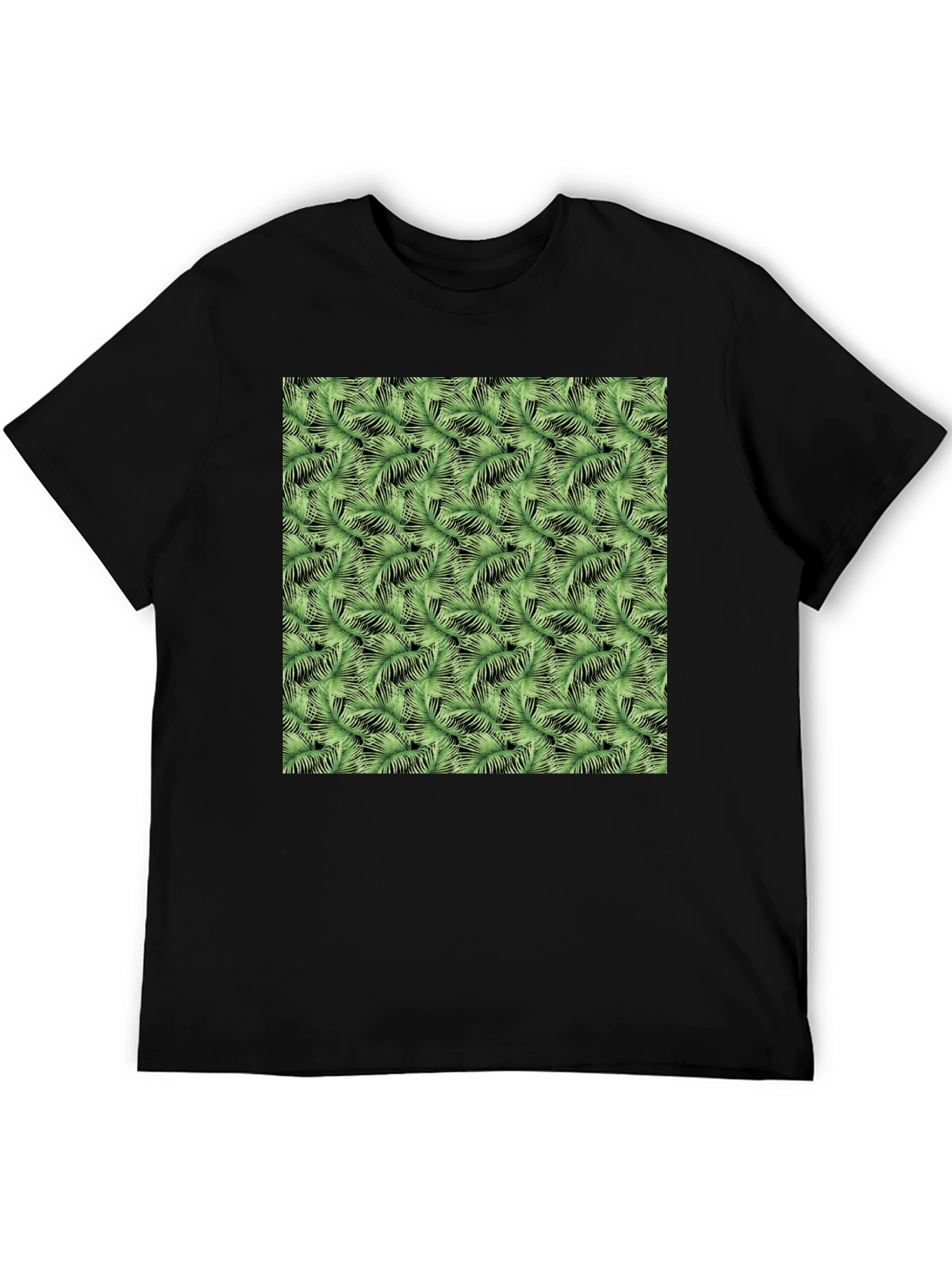 Black Tropical Green Leaf Print Black T-Shirt view 5