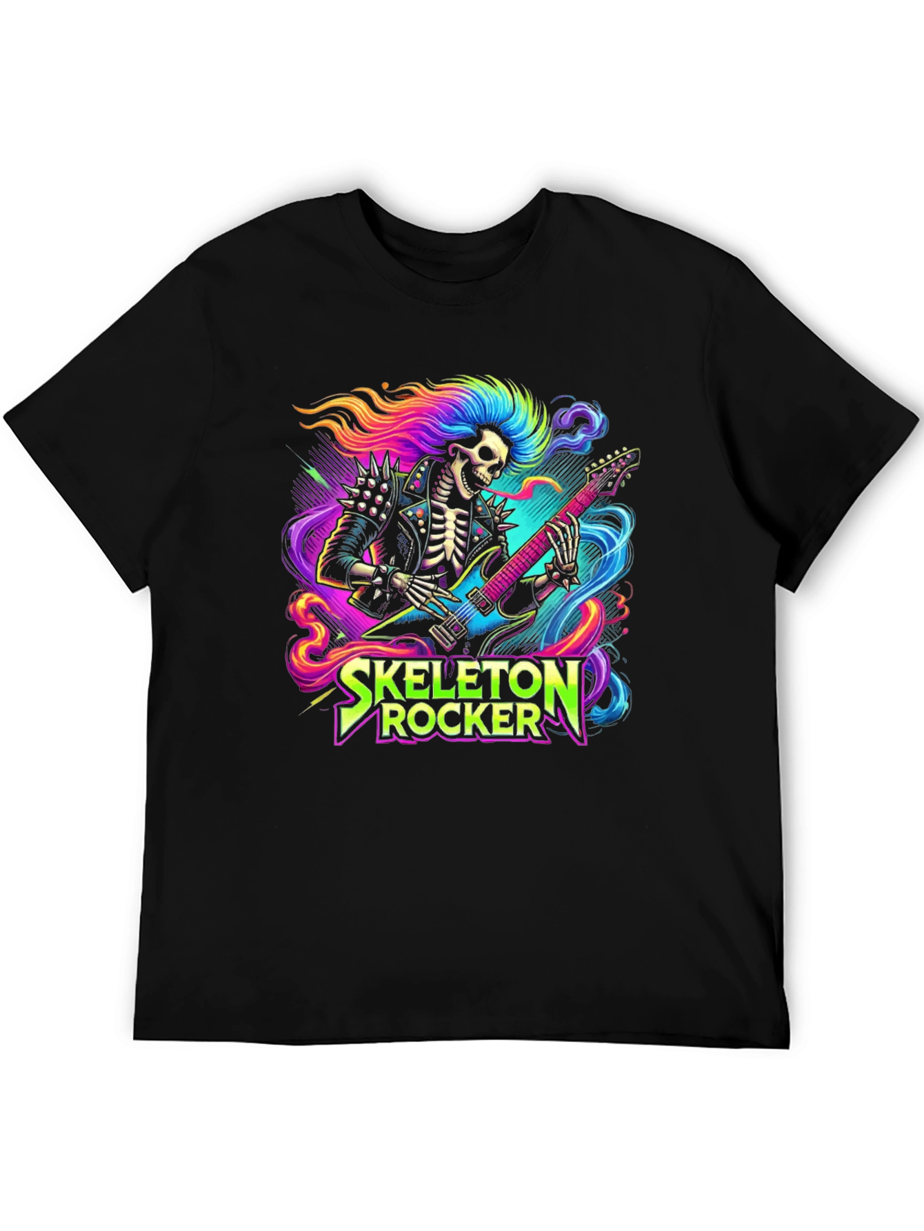 Black Skeleton Rocker T-Shirt - Neon Punk Design view 5