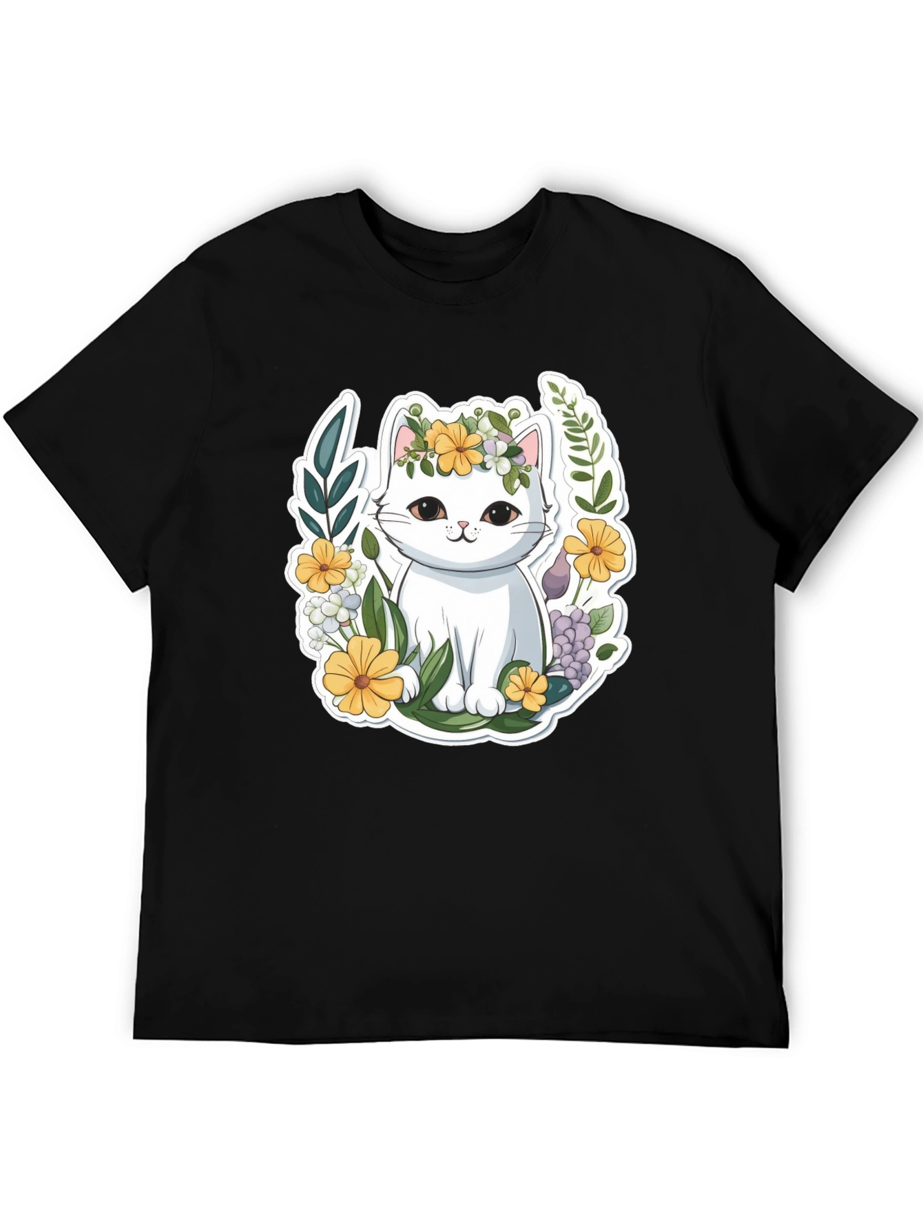 Black Cute Cat Floral Wreath Graphic Tee view 5