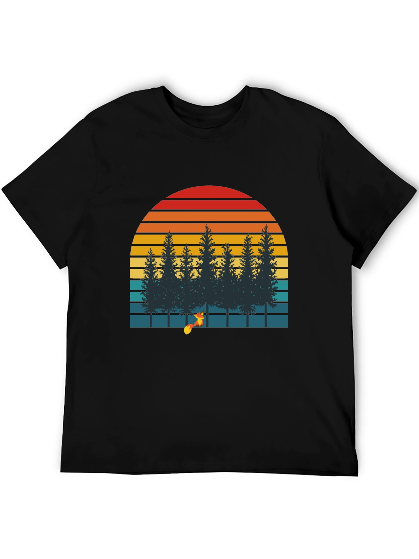 Black Retro Sunset Forest Fox Graphic T-Shirt view 5
