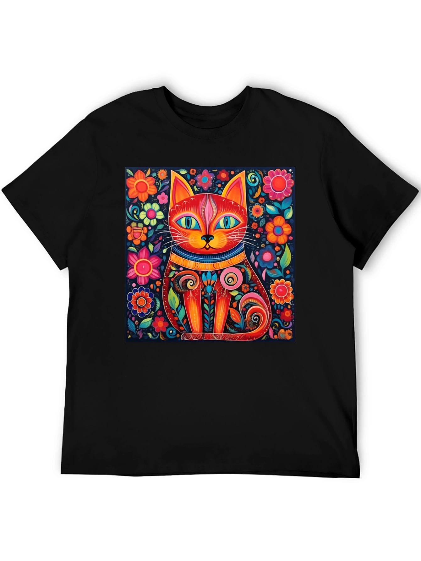 Black Colorful Cat Art T-Shirt - Whimsical Floral Feline Design view 5