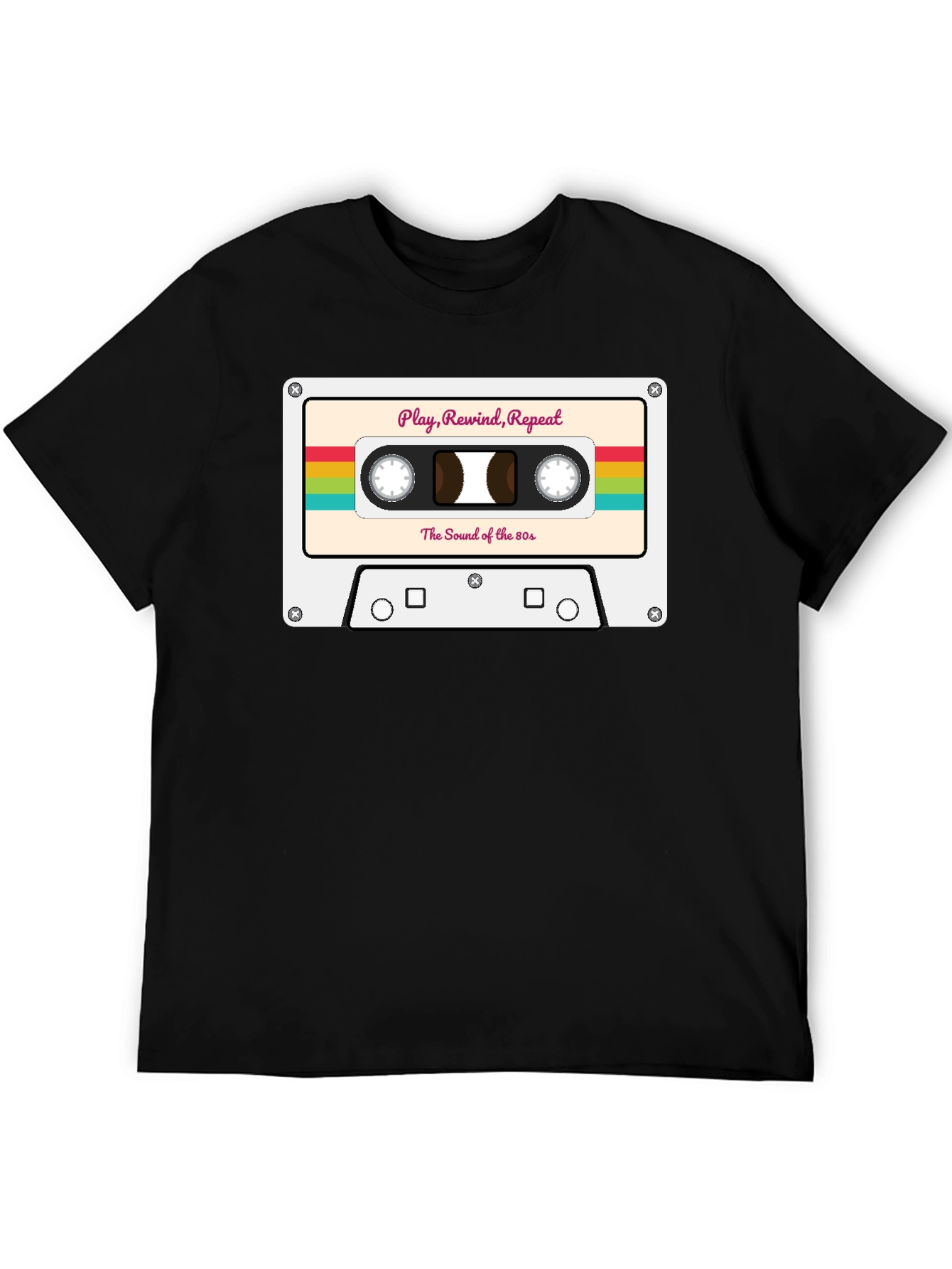 Black Retro 80s Cassette Tape Graphic Tee - Play Rewind Repeat view 5