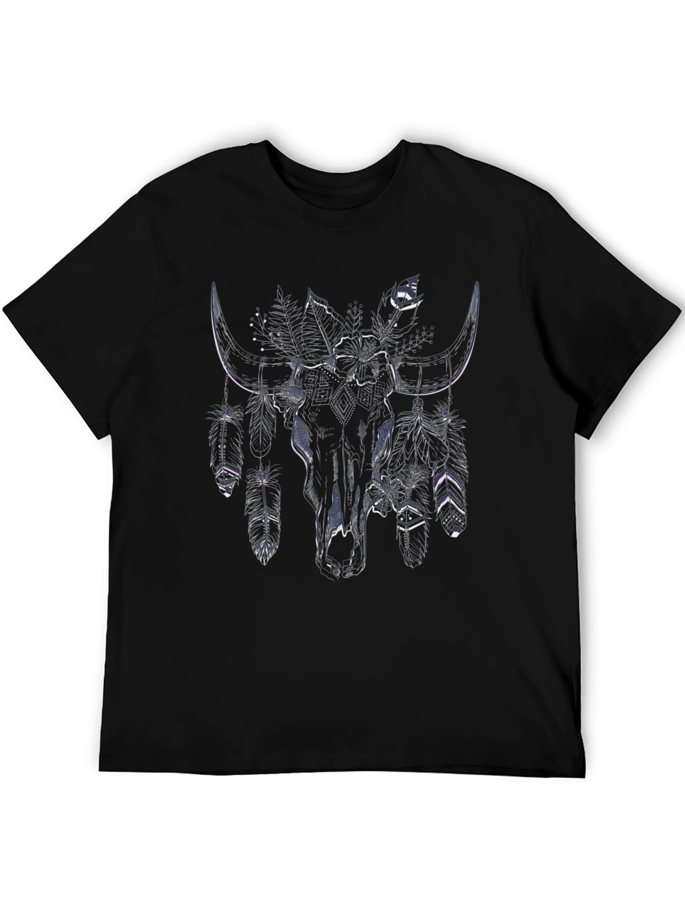 Black Boho Bull Skull Feather Print Black Tee view 5
