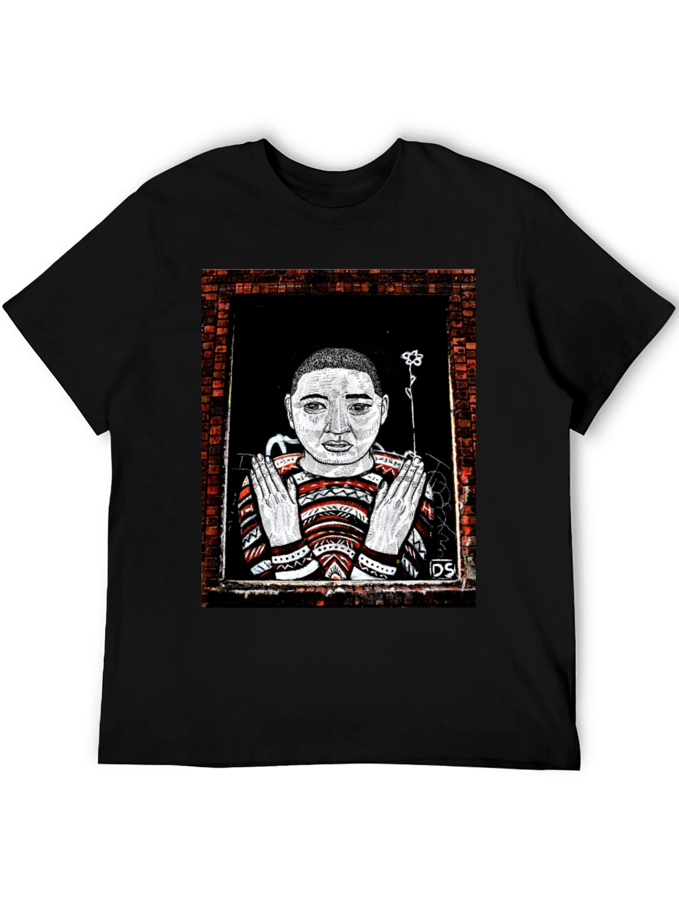 Black Unique Graphic Print Tee - Artistic Portrait Design view 5