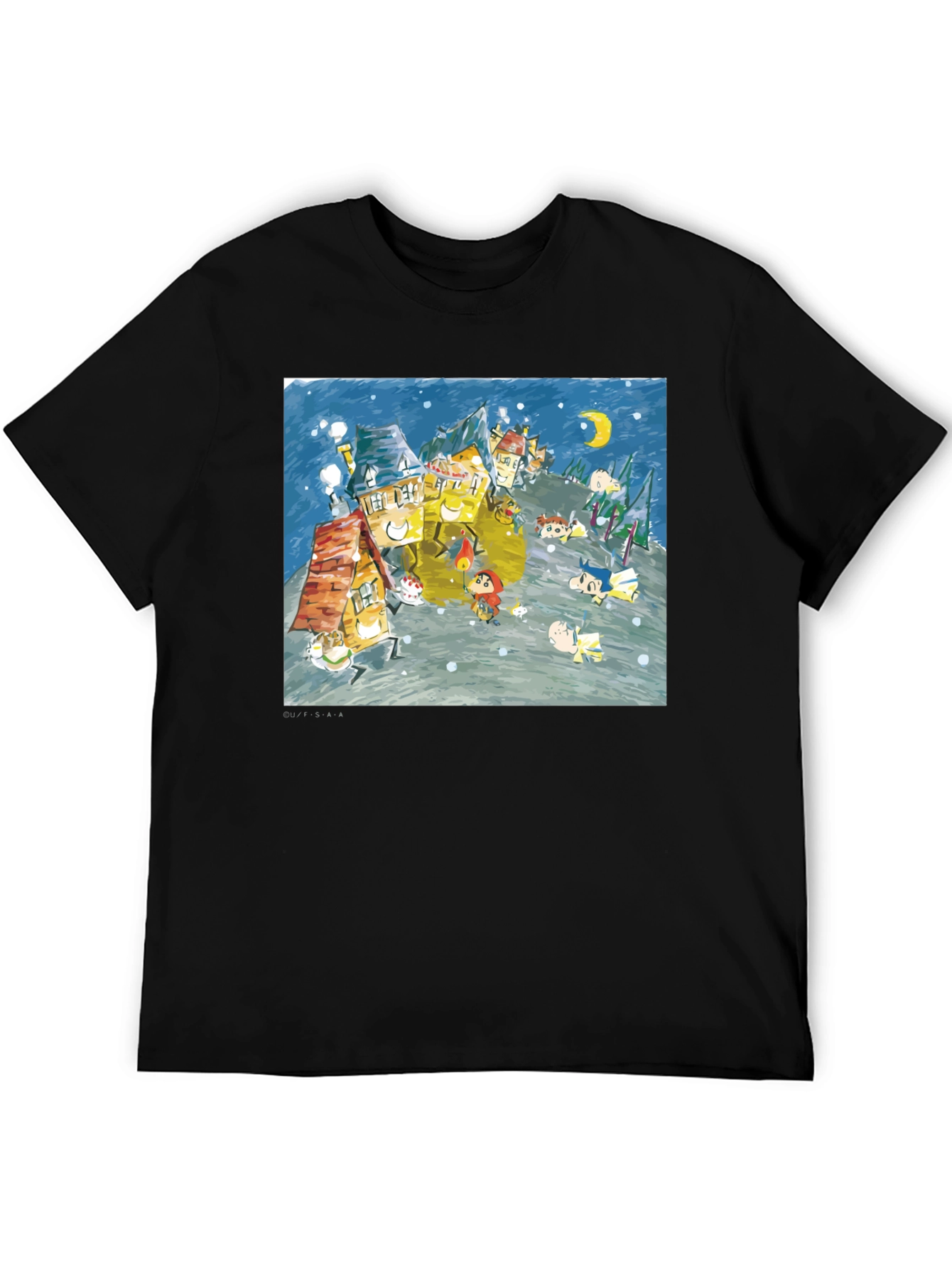 Black Whimsical Winter Village Graphic Tee - Black Cotton Blend view 5