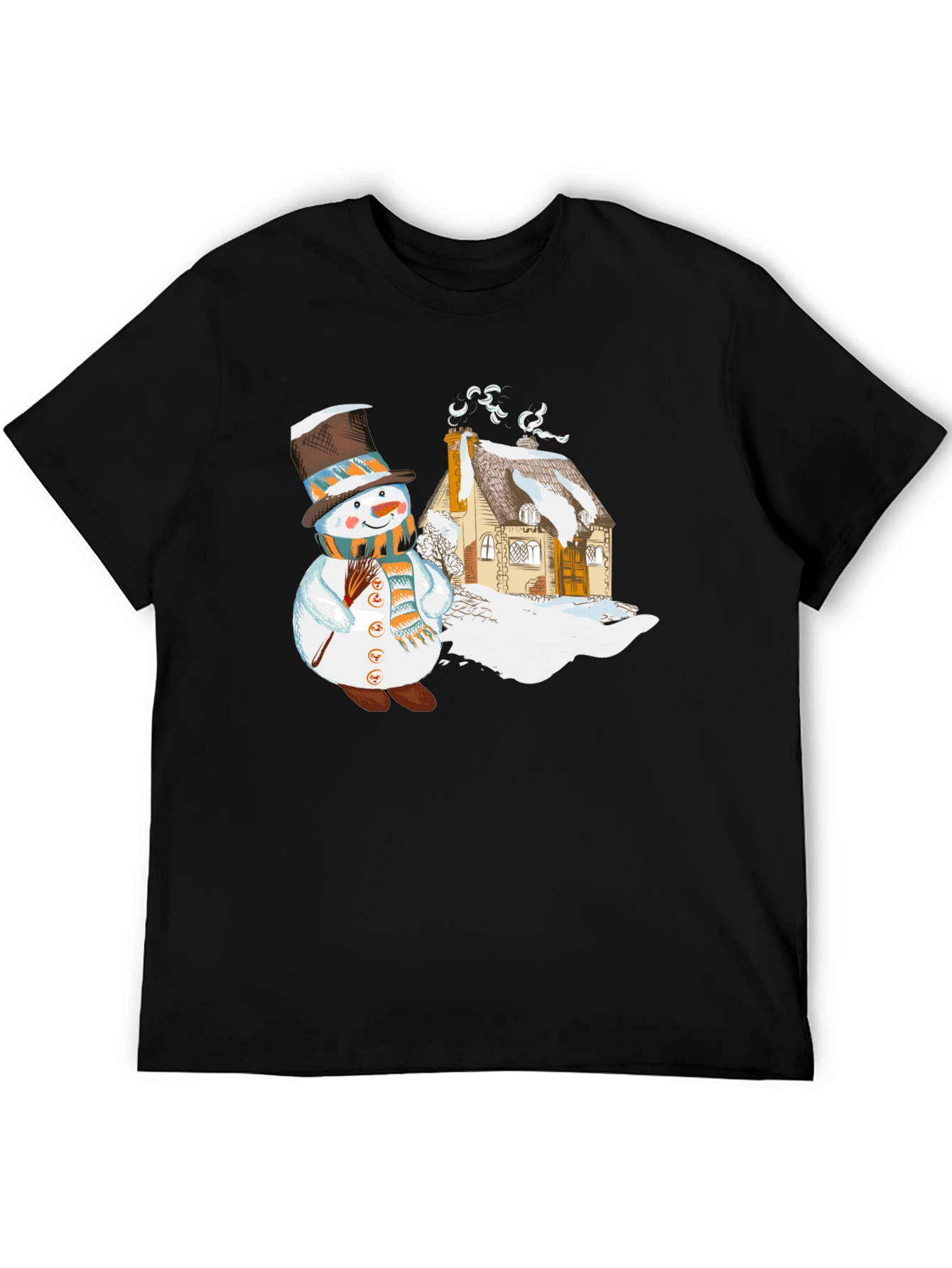 Black Snowman & Cottage Graphic T-Shirt view 5
