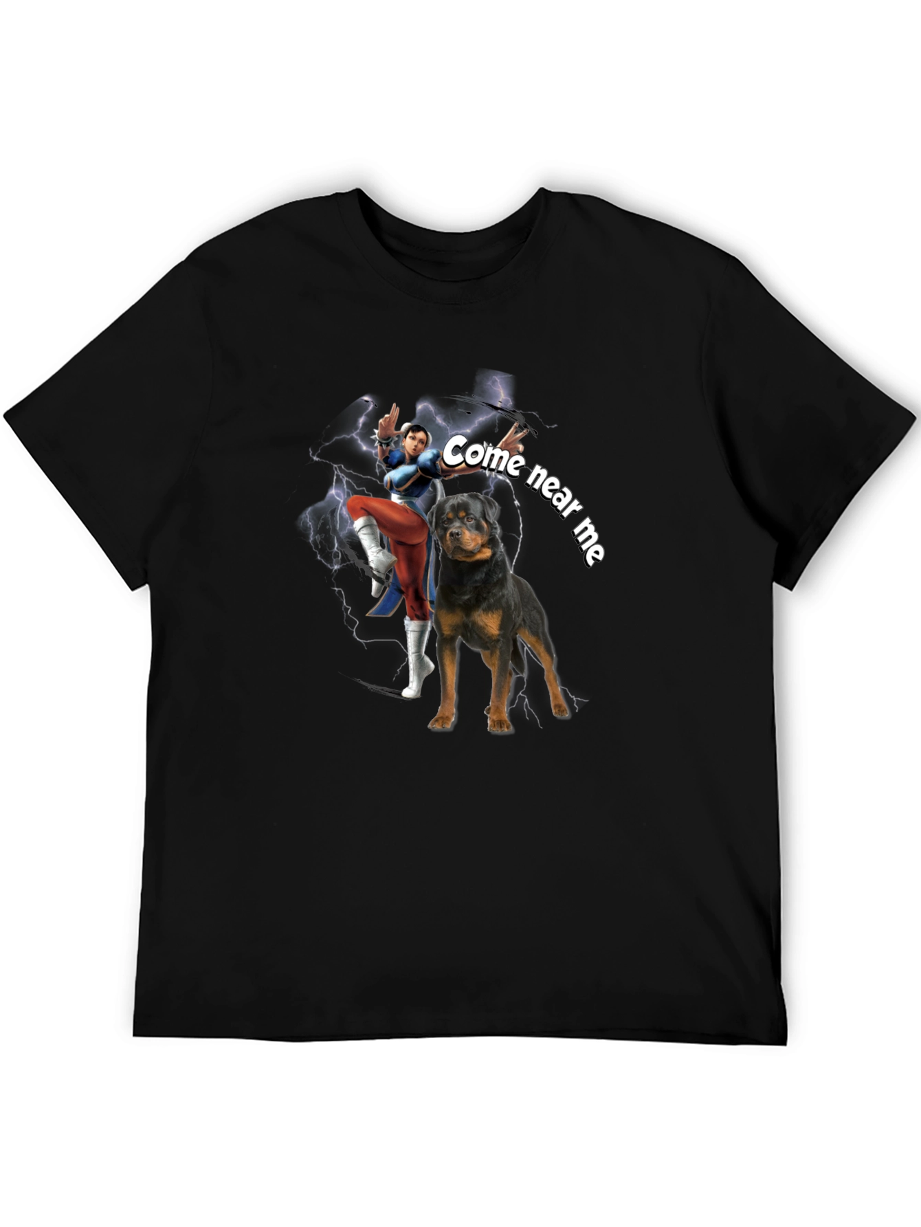 Black Cool Black Graphic Tee - Chun-Li & Rottweiler "Come Near Me" view 5