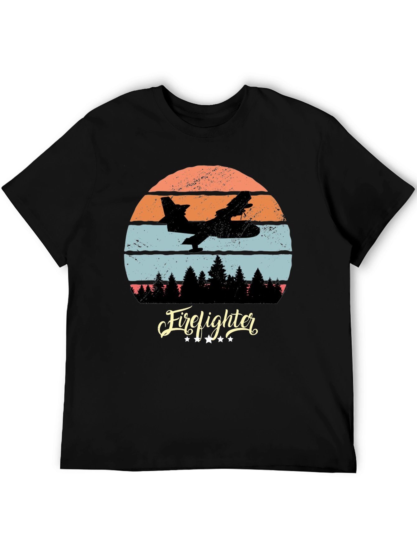 Black Firefighter Plane Retro T-Shirt view 5